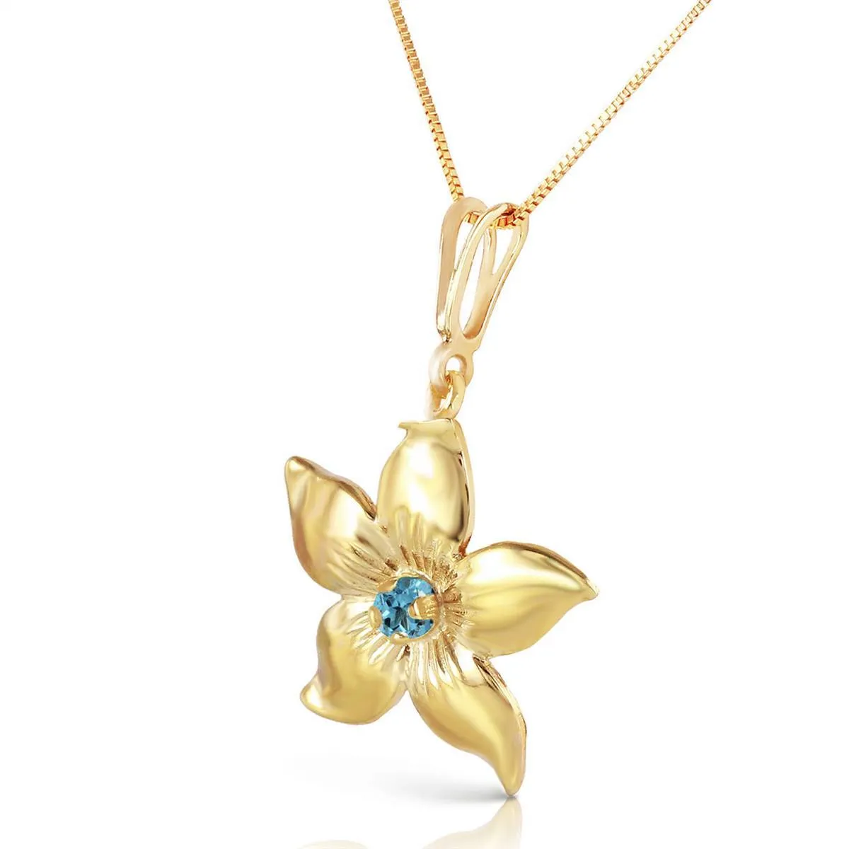 0.1 Carat 14K Solid Yellow Gold Flower Necklace Natural Blue Topaz