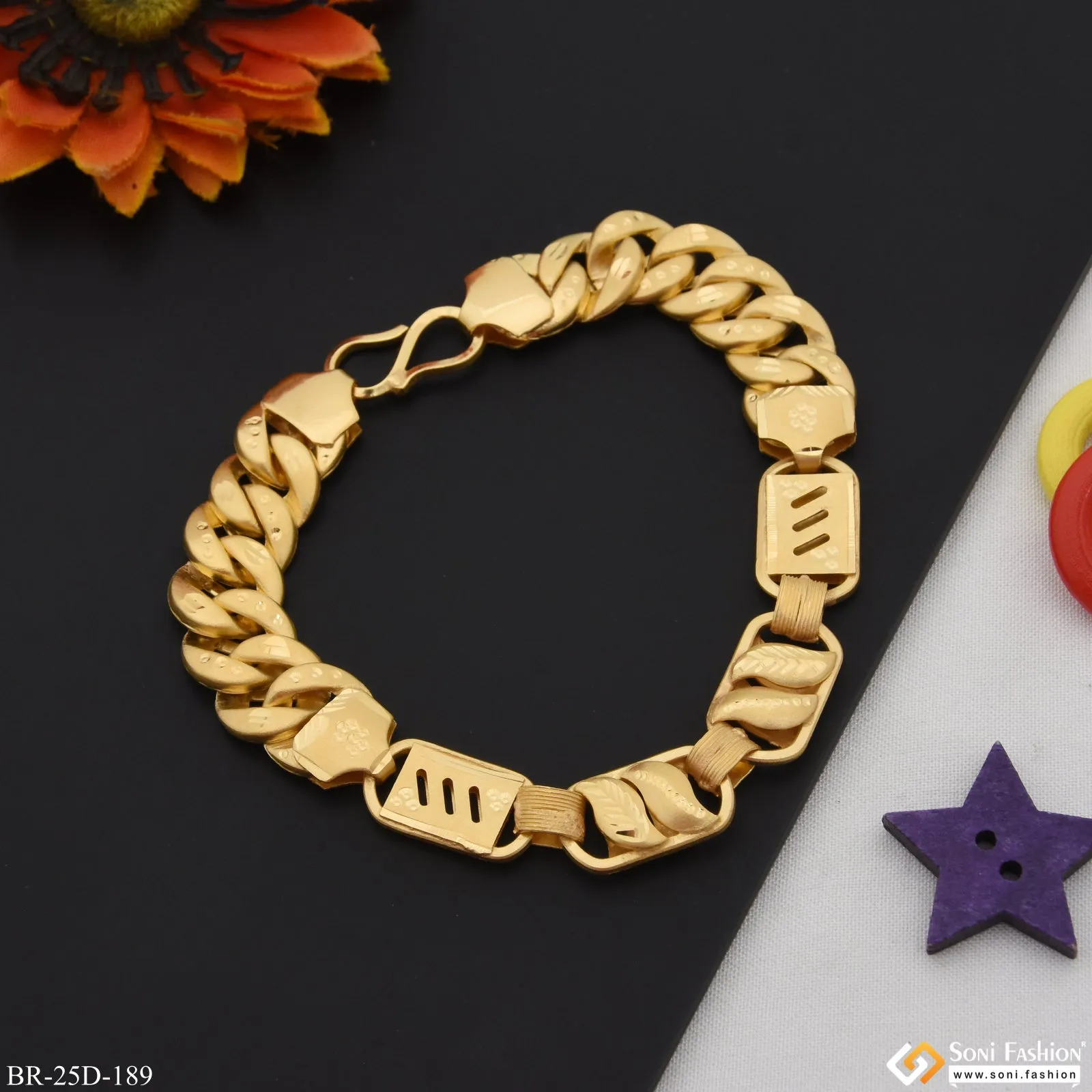 1 Gram Gold Plated 3 In 1 Pokal Glamorous Design Bracelet for Men - Style D189