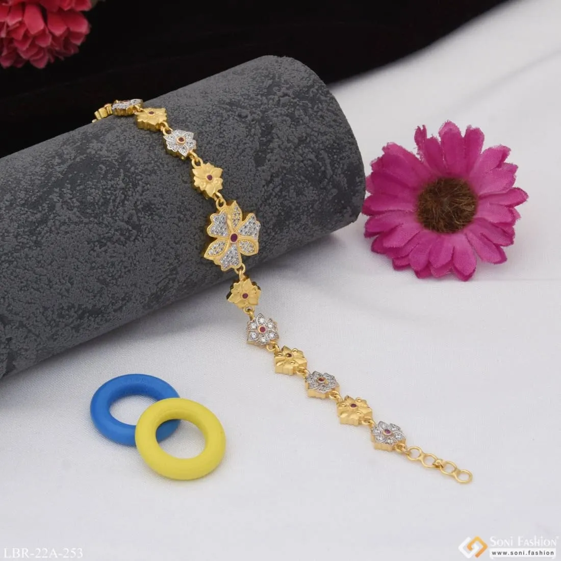 1 Gram Gold Plated Flower With Diamond Funky Design Bracelet For Ladies - Style A253