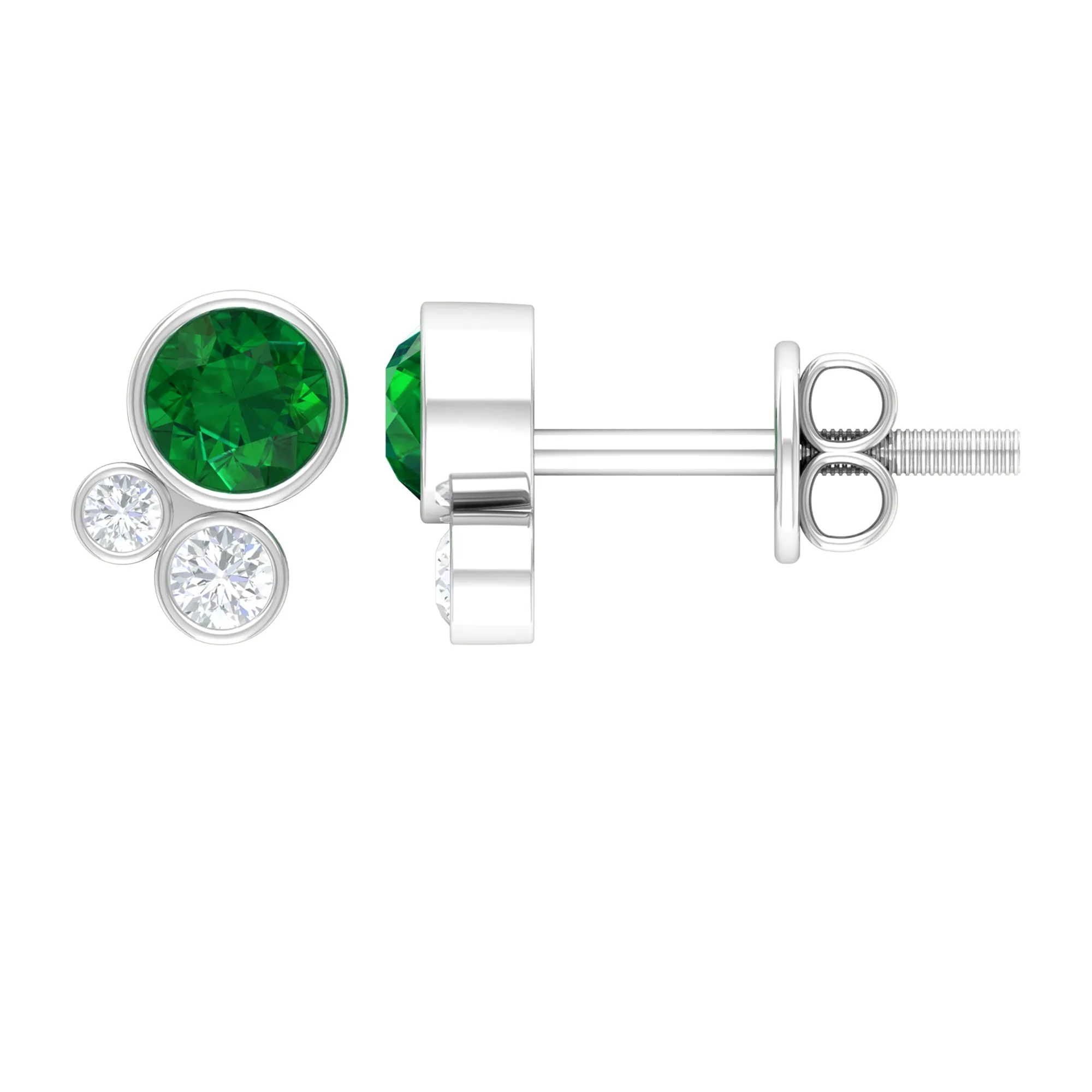 1/2 CT Dainty Emerald and Diamond Three Stone Stud Earrings