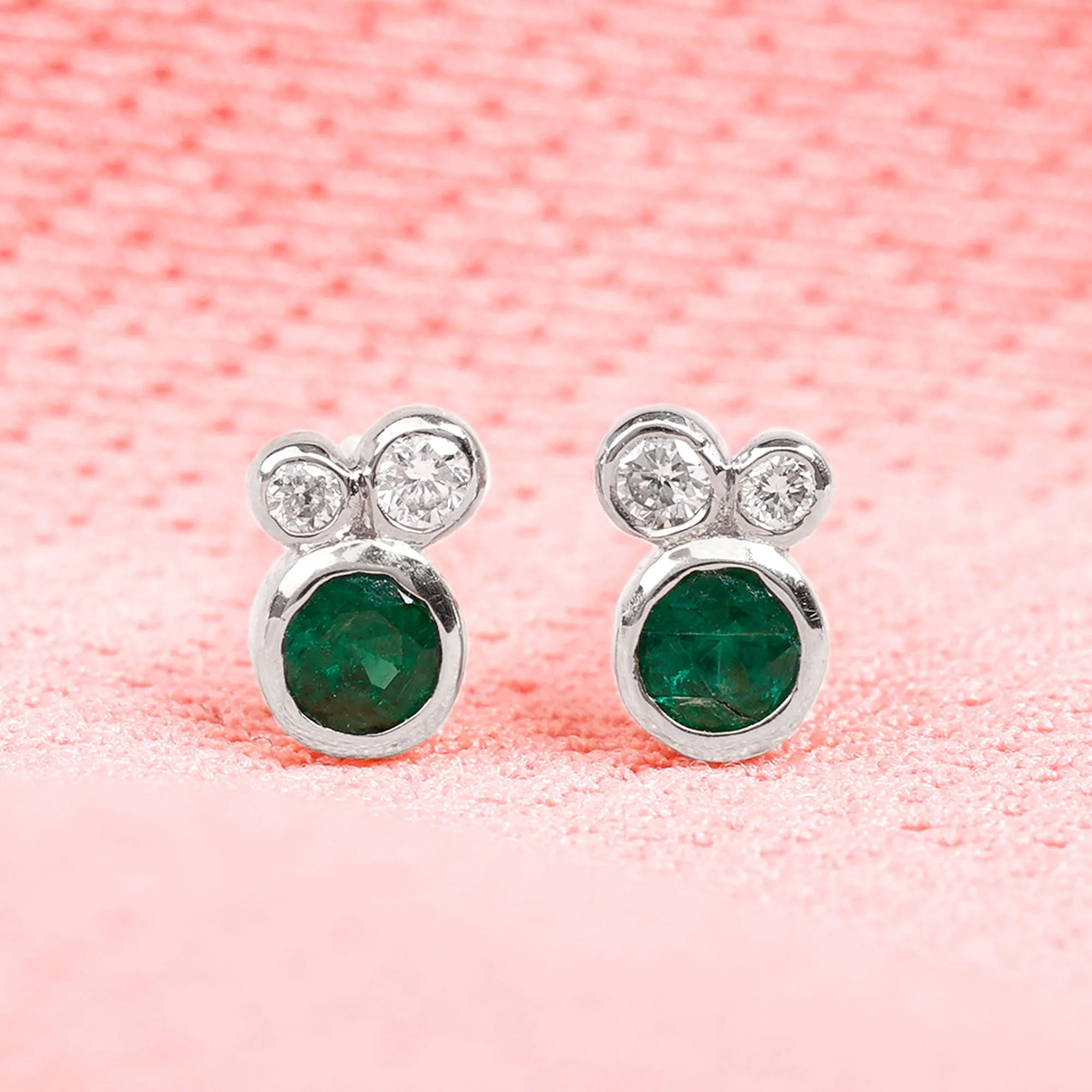 1/2 CT Dainty Emerald and Diamond Three Stone Stud Earrings