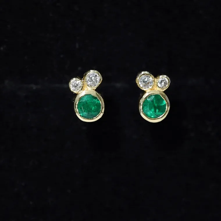 1/2 CT Dainty Emerald and Diamond Three Stone Stud Earrings