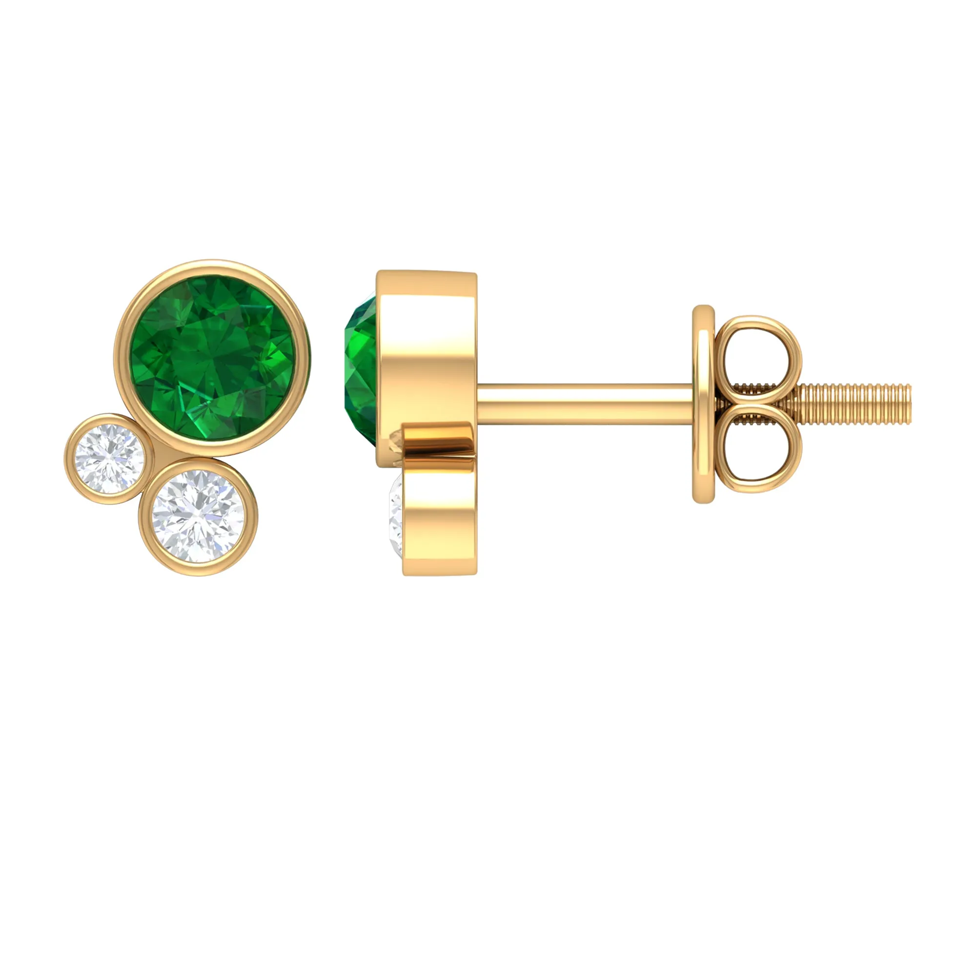 1/2 CT Dainty Emerald and Diamond Three Stone Stud Earrings