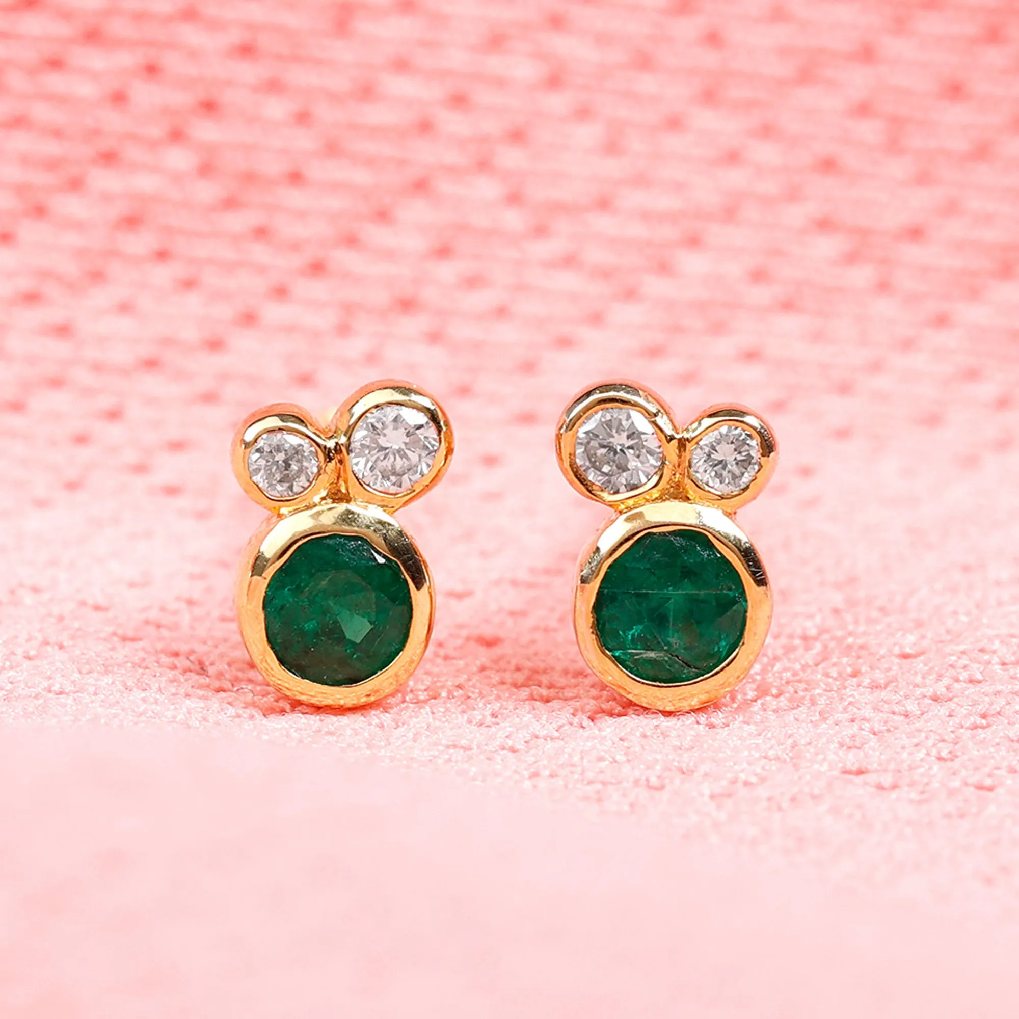 1/2 CT Dainty Emerald and Diamond Three Stone Stud Earrings