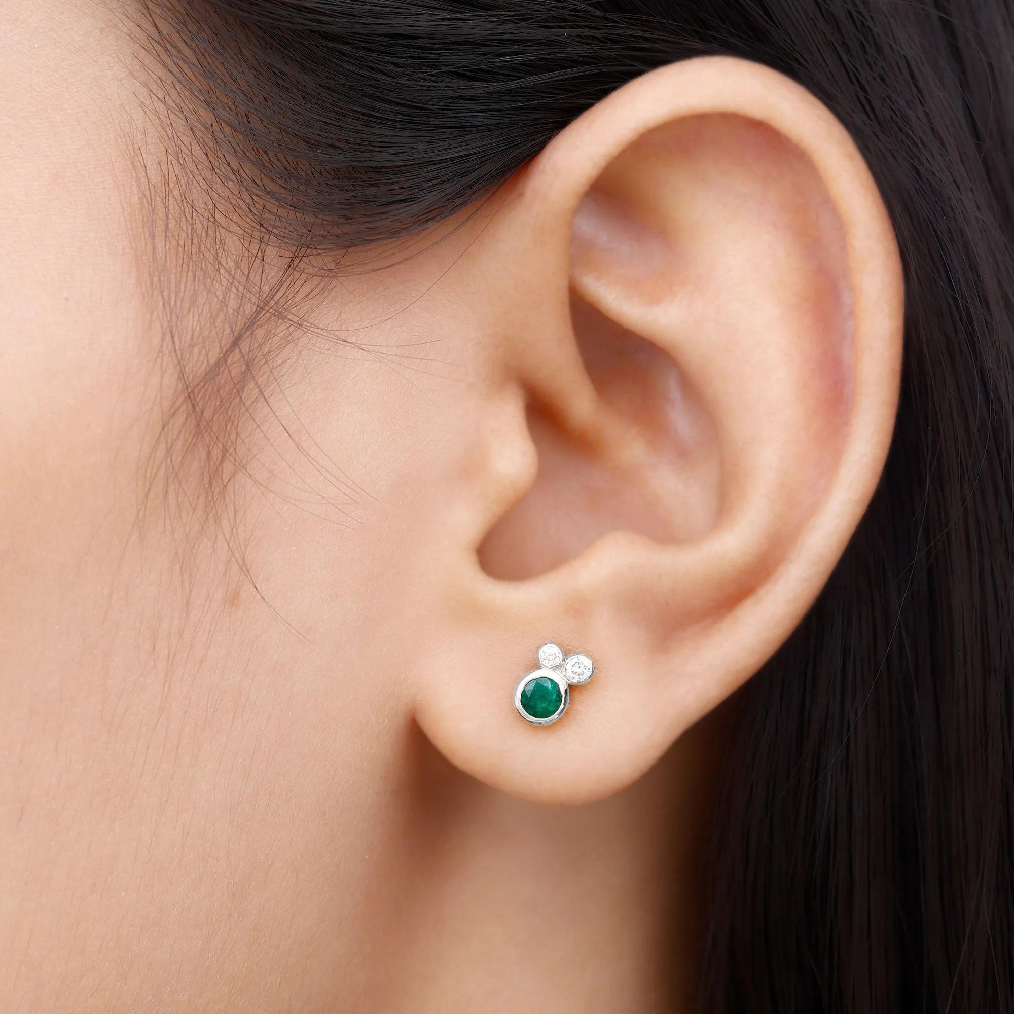 1/2 CT Dainty Emerald and Diamond Three Stone Stud Earrings