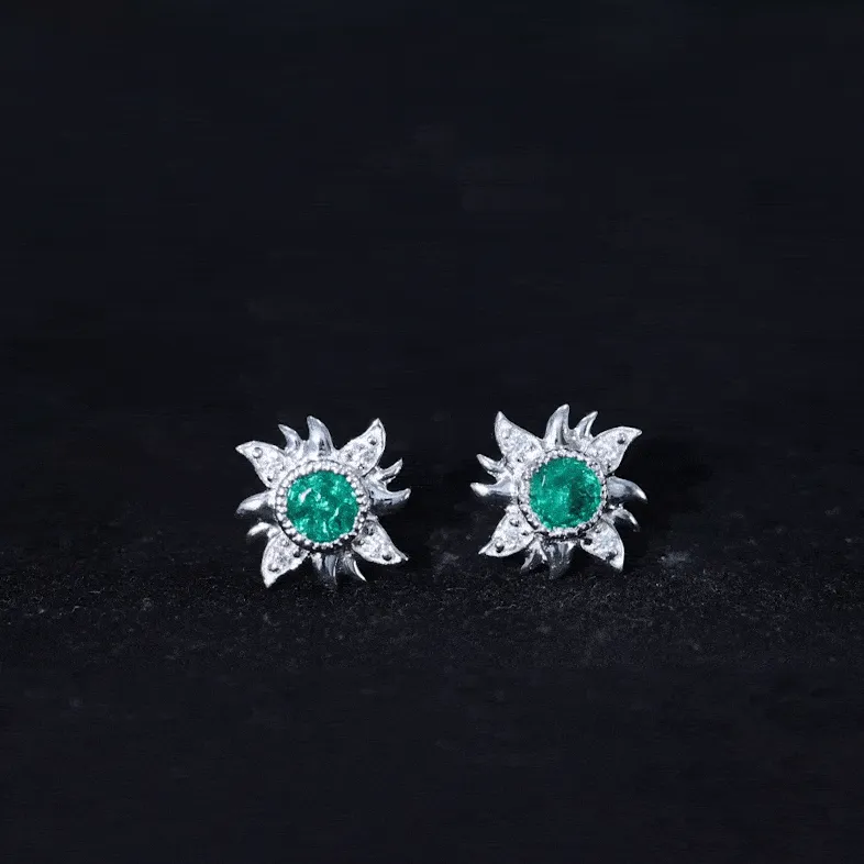 1/2 CT Round Shape Emerald and Diamond Sunburst Stud Earrings