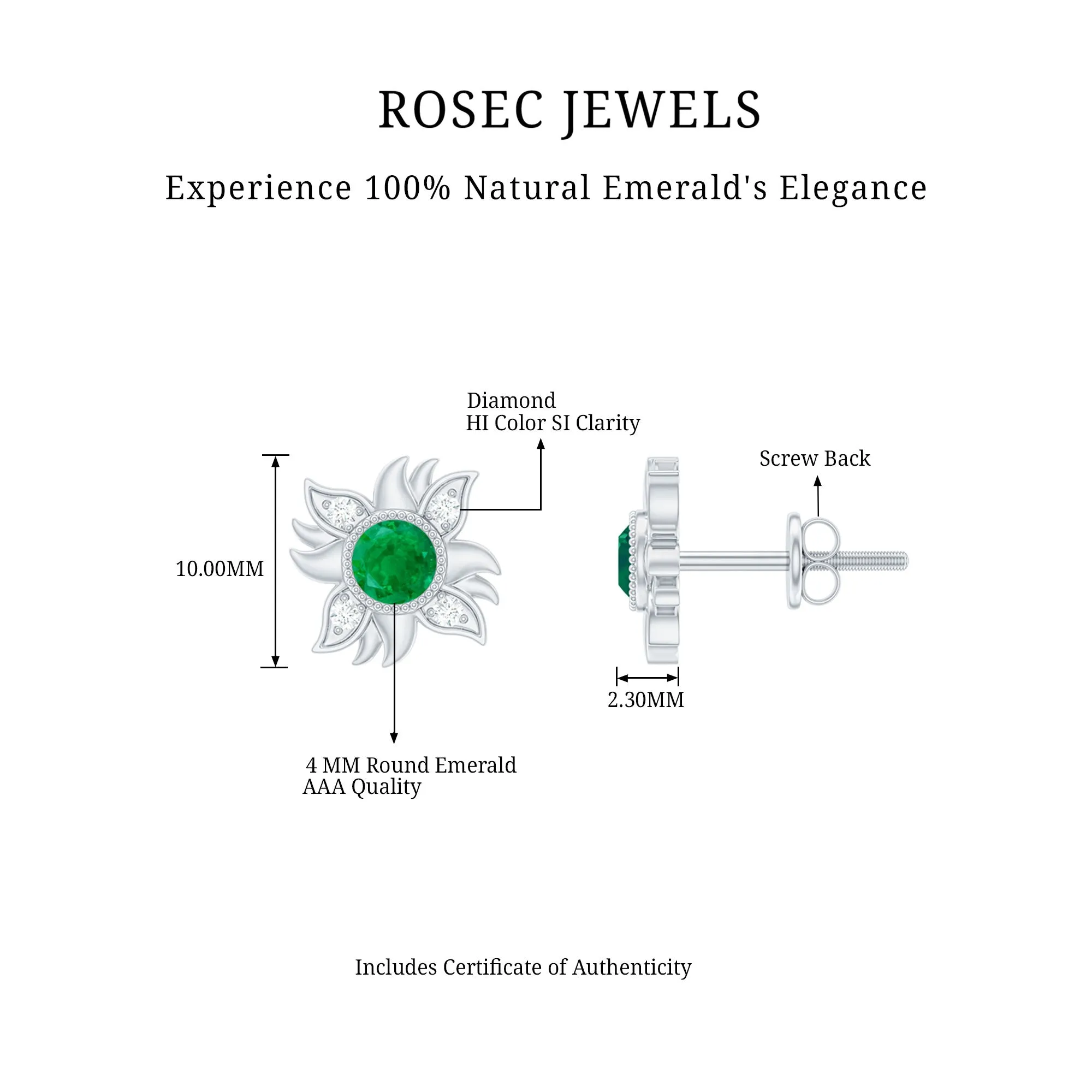 1/2 CT Round Shape Emerald and Diamond Sunburst Stud Earrings