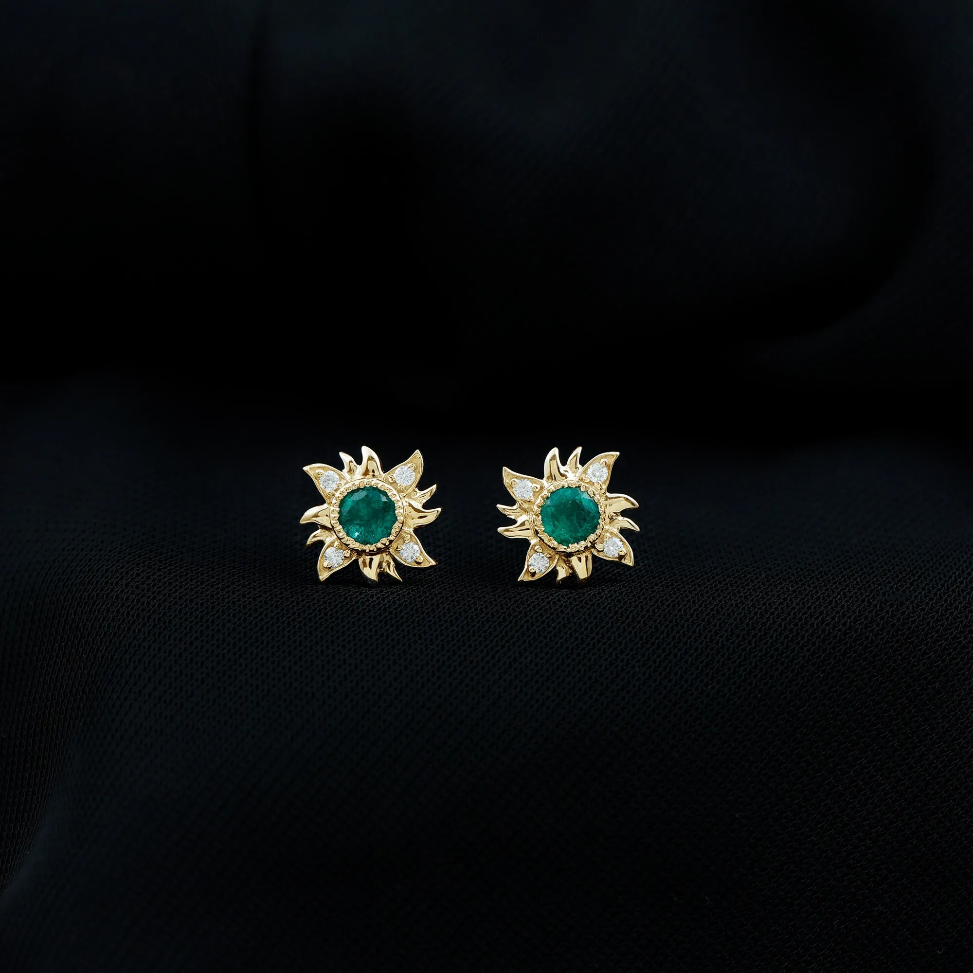 1/2 CT Round Shape Emerald and Diamond Sunburst Stud Earrings