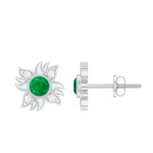 1/2 CT Round Shape Emerald and Diamond Sunburst Stud Earrings