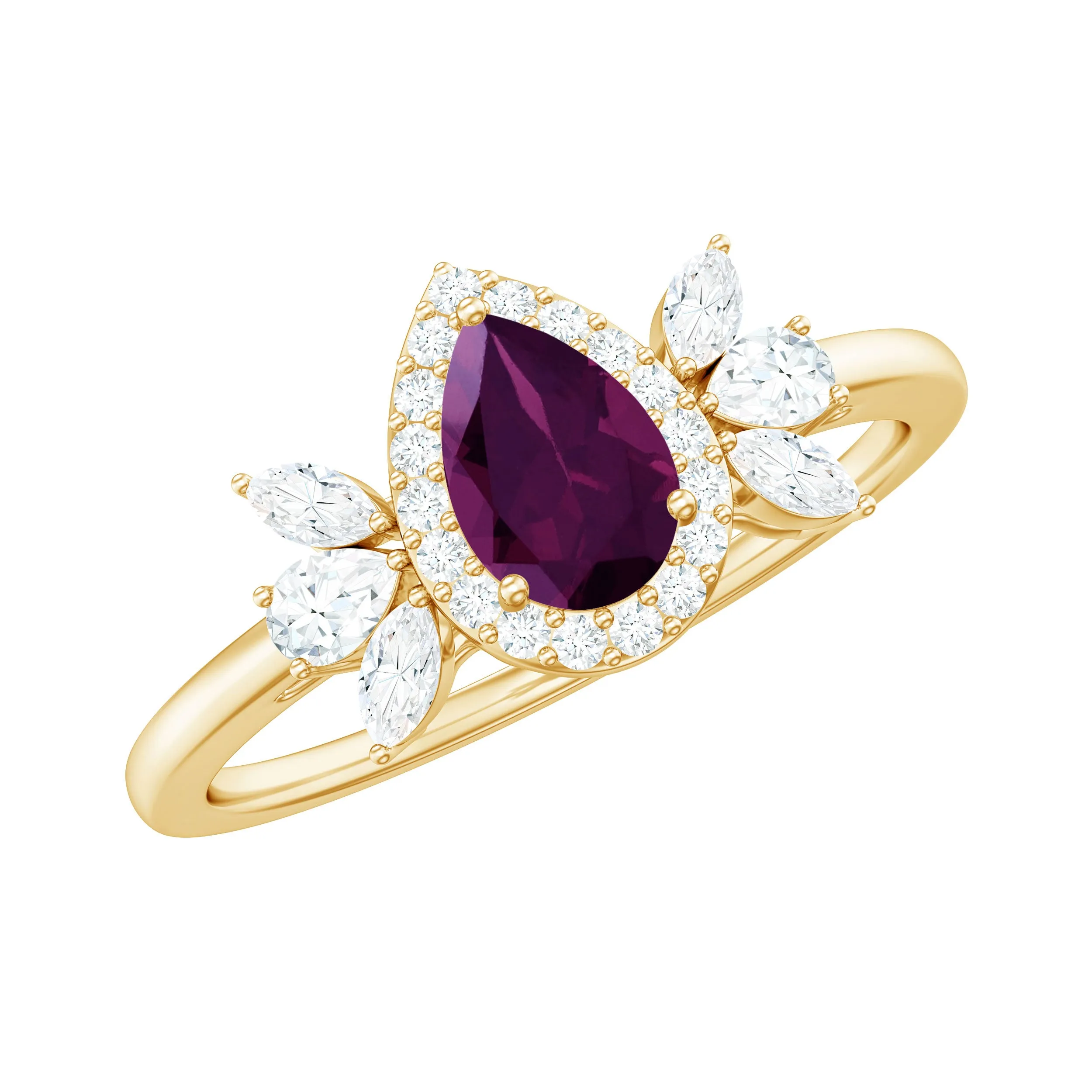 1.25 CT Pear Cut Rhodolite Engagement Ring with Diamond Halo