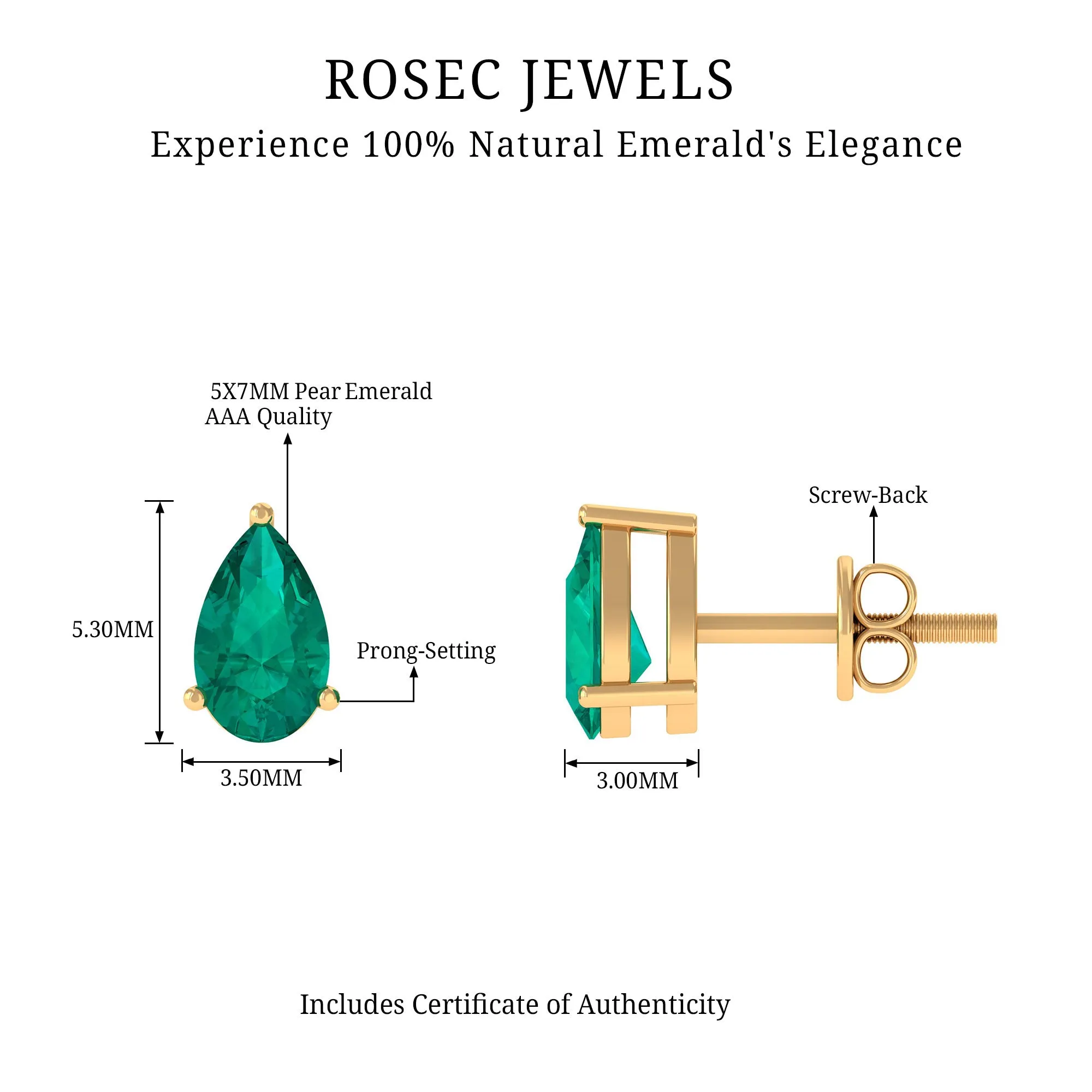 1.25 CT Pear Cut Solitaire Emerald Stud Earring in Gold