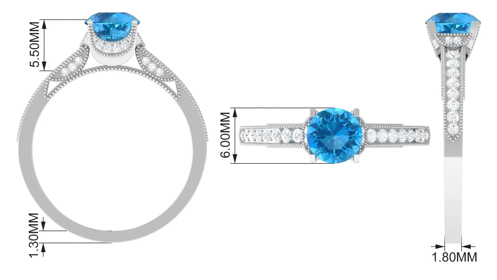 1.25 CT Swiss Blue Topaz and Diamond Side Stone Engagement Ring