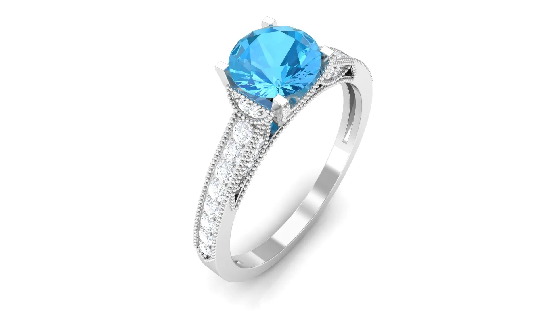 1.25 CT Swiss Blue Topaz and Diamond Side Stone Engagement Ring