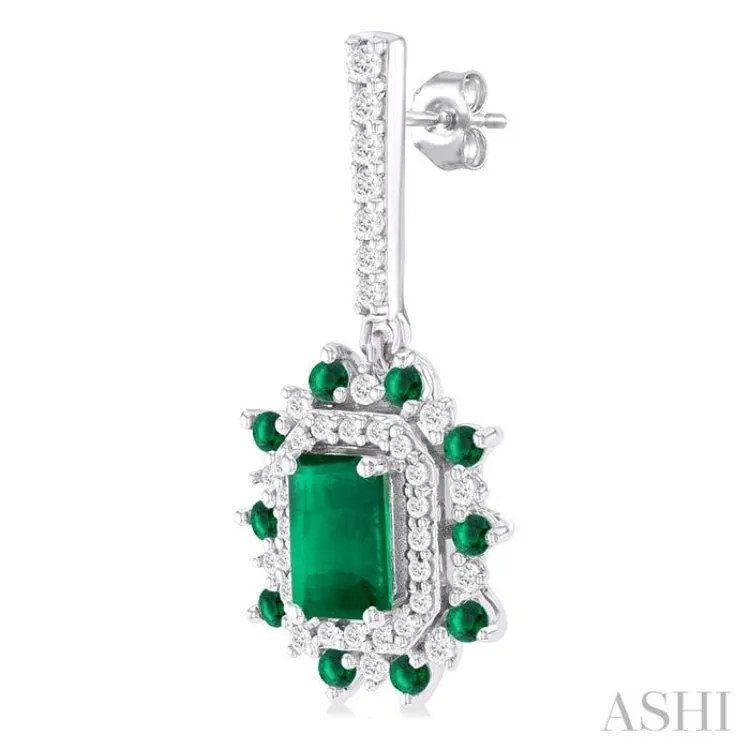 1/3 ctw 5X3MM & 1.45MM Emerald and Round Cut Diamond Precious Earring in 14K White Gold