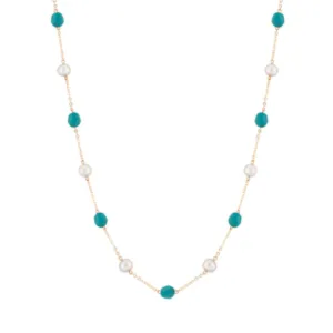 14k Gold Freshwater Pearl and Turquoise Necklace