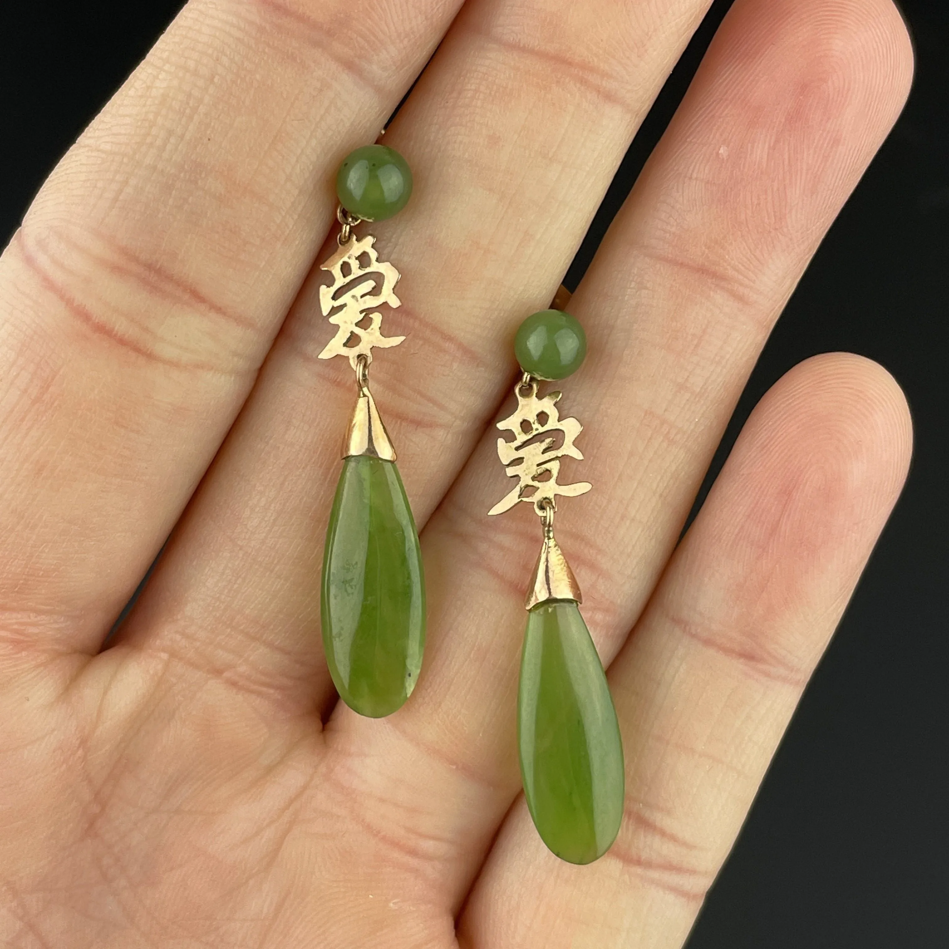 14K Gold Natural Jade Love Teardrop Earrings