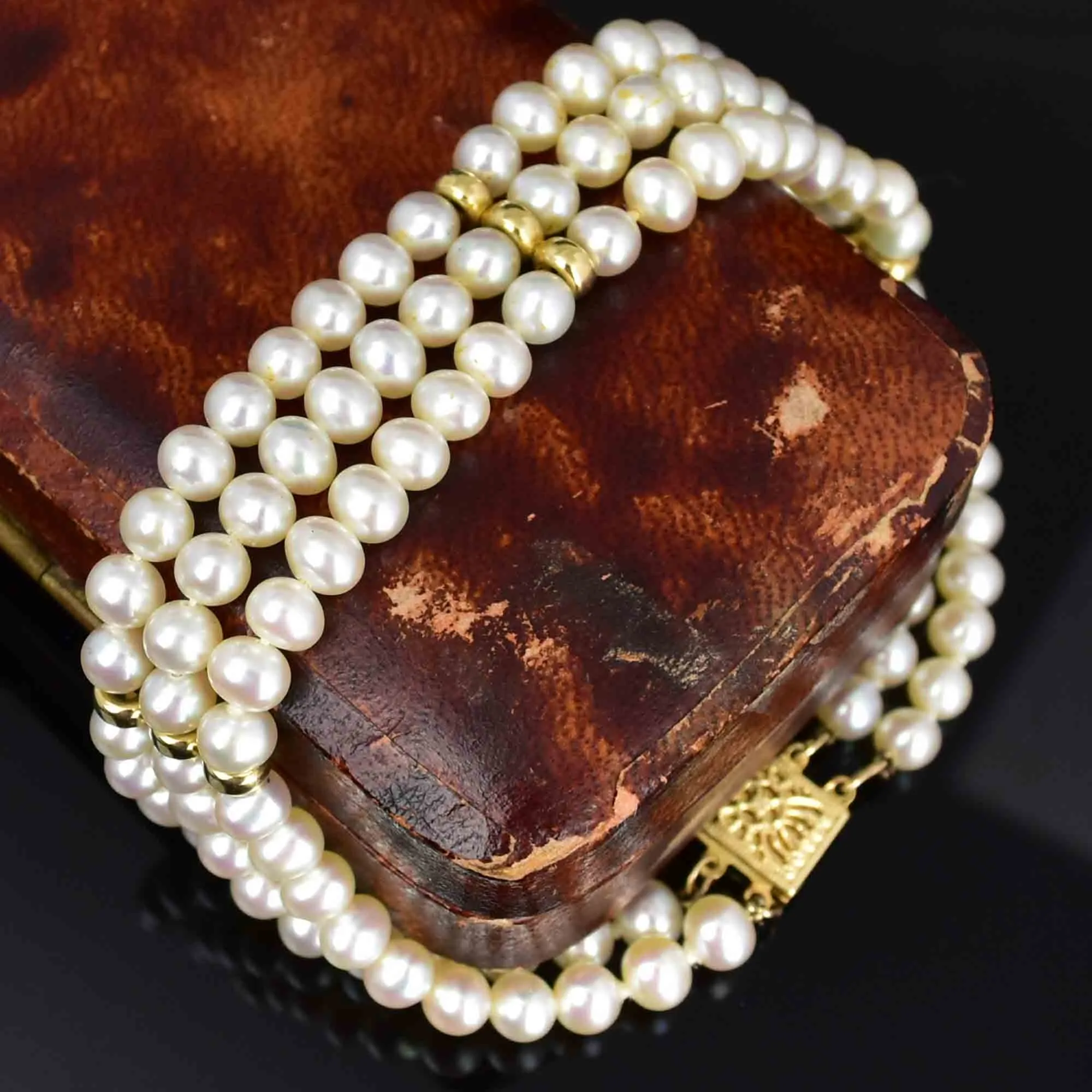 14K Gold Three Row Cultured Pearl Bracelet