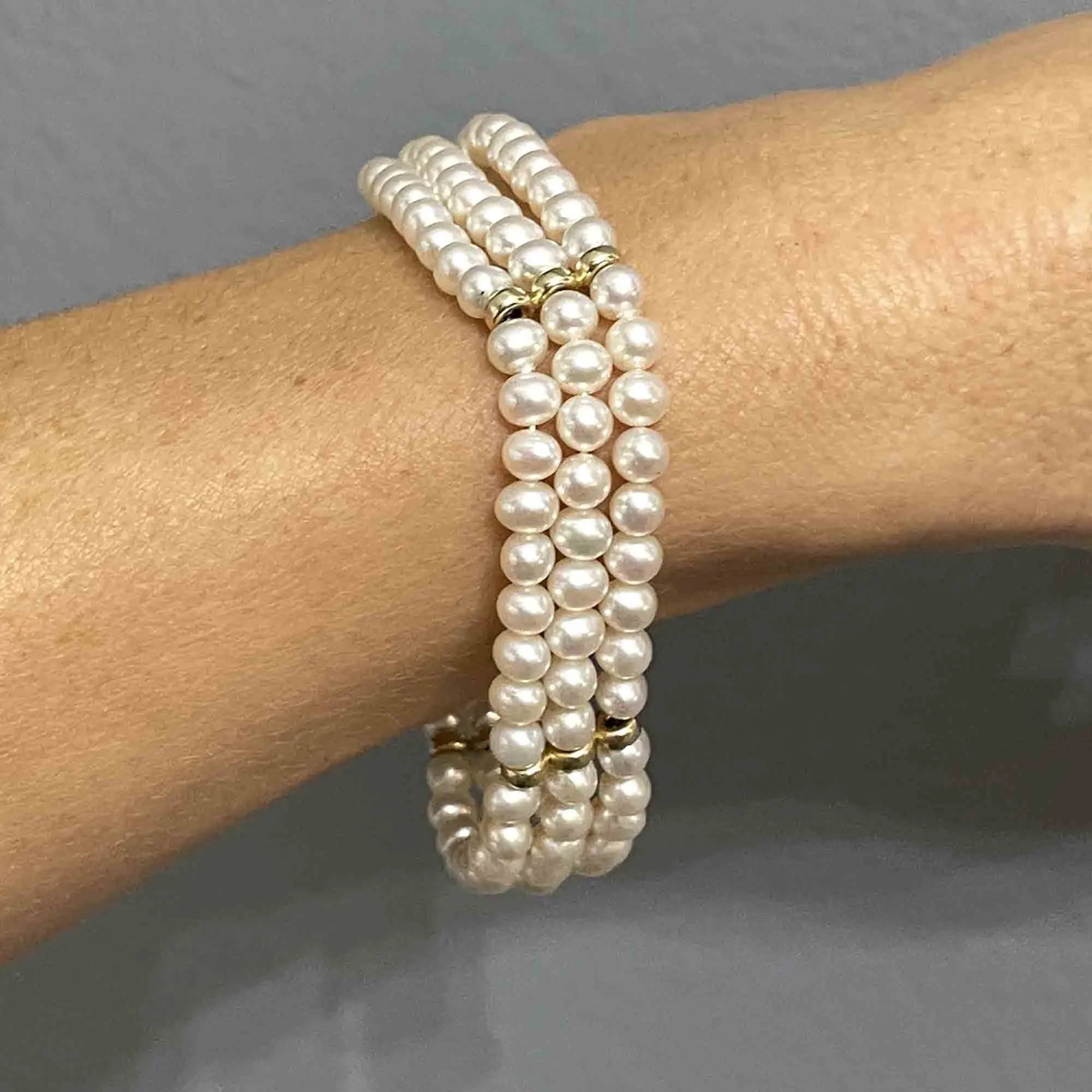 14K Gold Three Row Cultured Pearl Bracelet