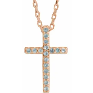 14K Rose Natural Swiss Blue Topaz Petite Cross 16" Necklace