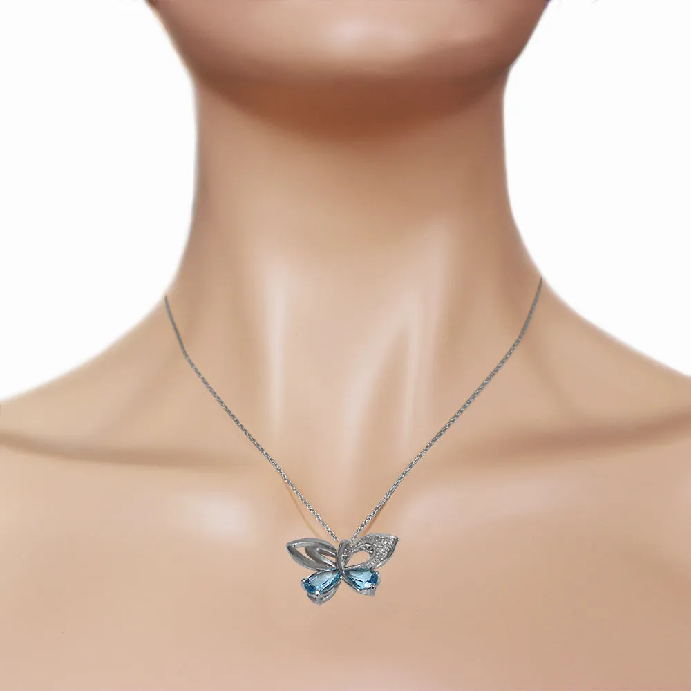 14K Solid White Gold Butterfly Necklace Natural Diamond & Blue Topaz Jewelry