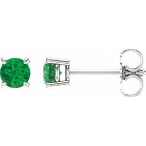 14K White 4 mm Natural Emerald Stud Earrings with Friction Post