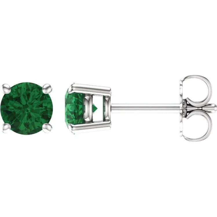 14K White 5 mm Lab-Grown Emerald Stud Earrings