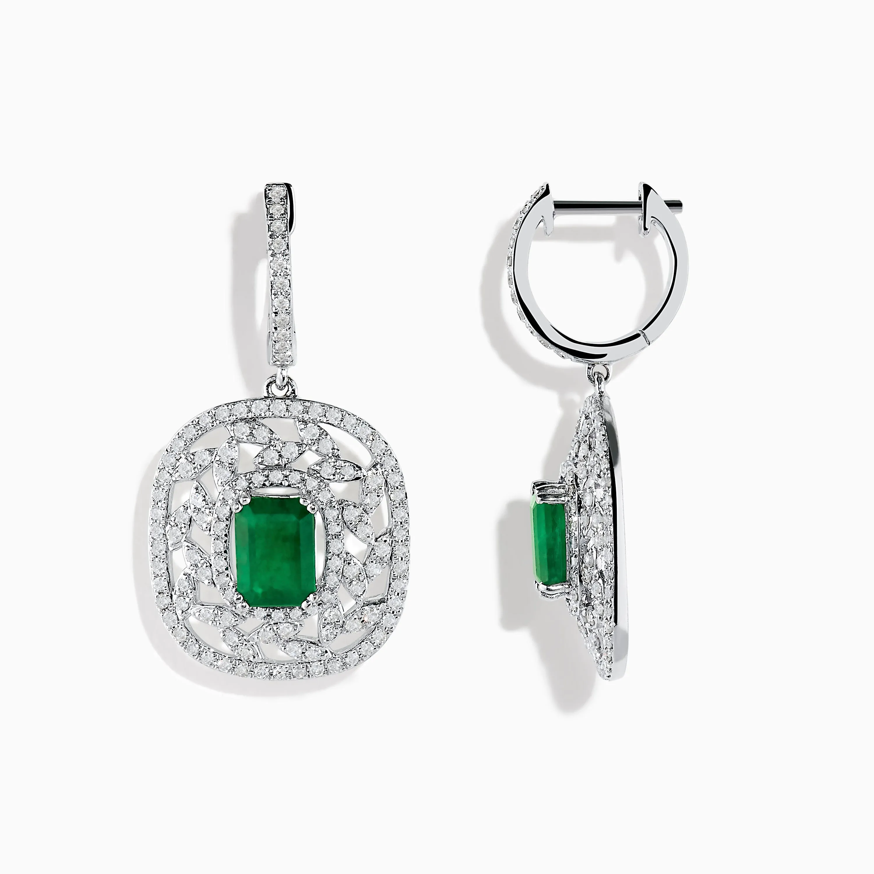 14K White Gold Emerald and Diamond Earrings