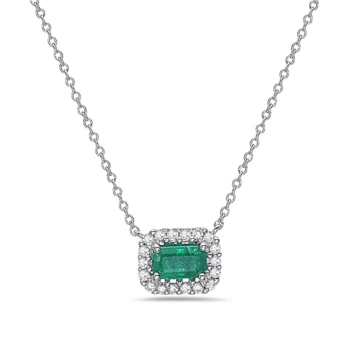 14K White Gold Emerald Diamond Halo Necklace