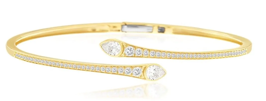 14k yellow gold bypass pear and round diamond hinged bangle