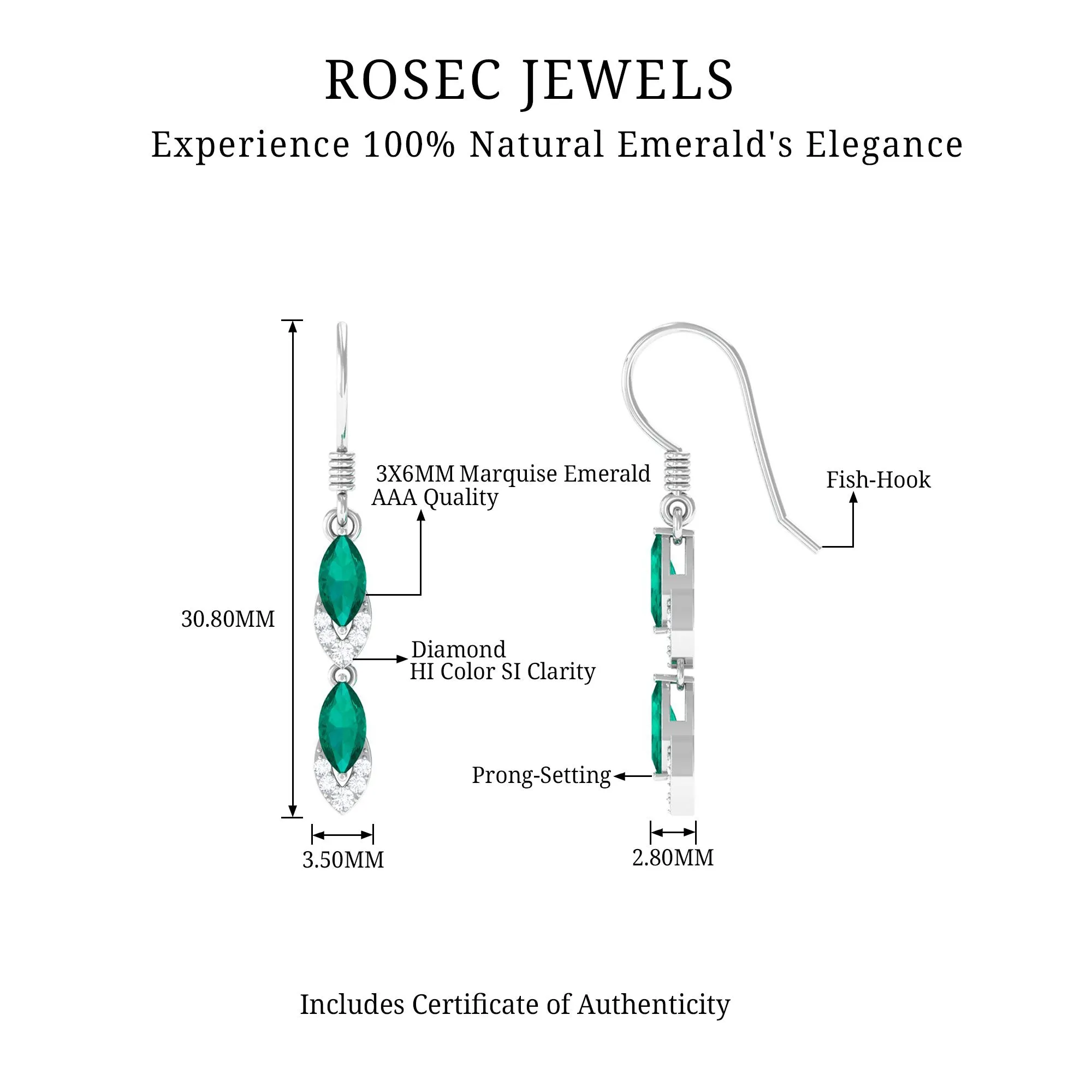 1.50 CT Marquise Cut Emerald Dangle Earrings with Diamond