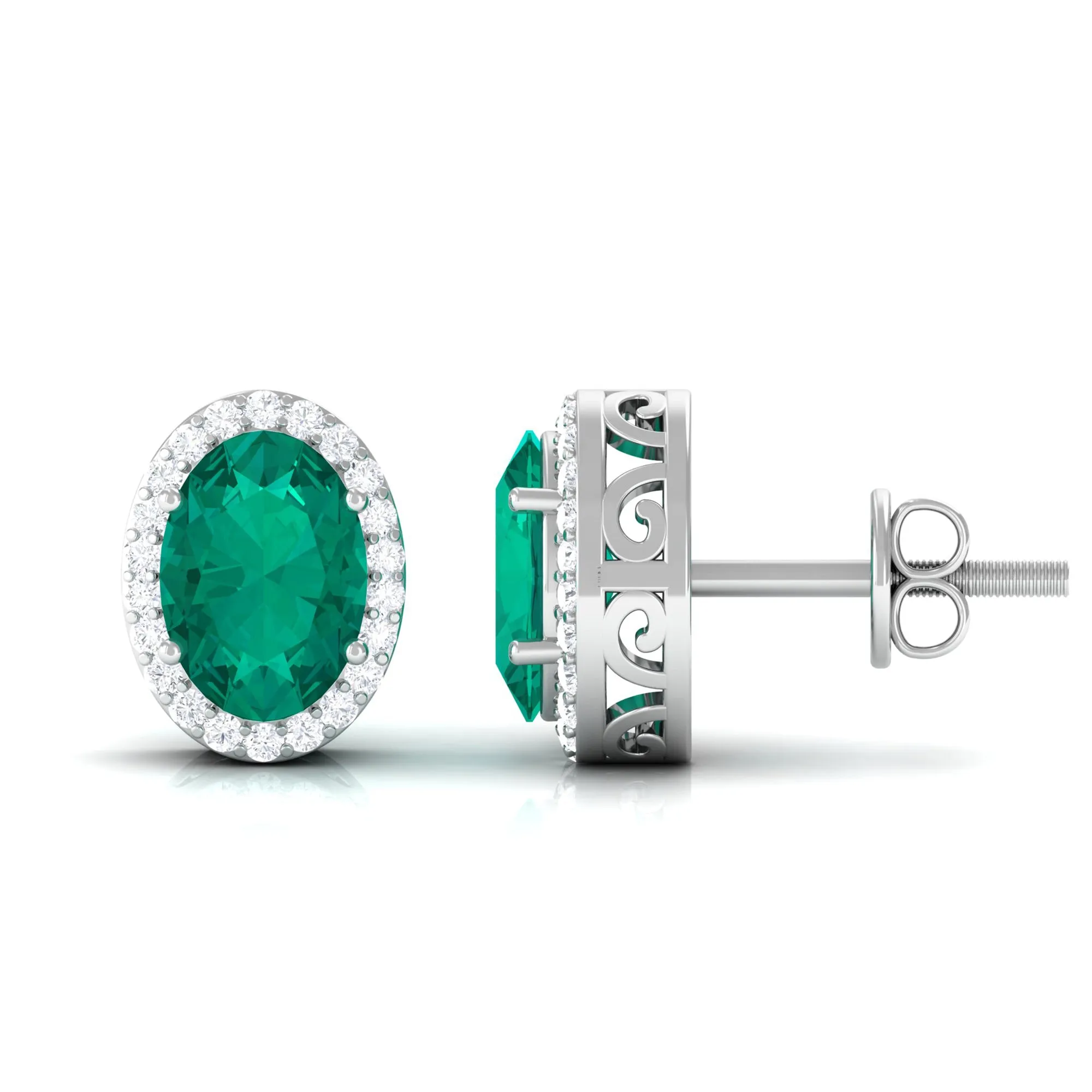 1.75 CT Classic Emerald and Diamond Halo Stud Earrings