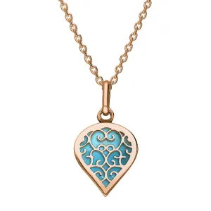 18ct Rose Gold Turquoise Flore Filigree Small Heart Necklace