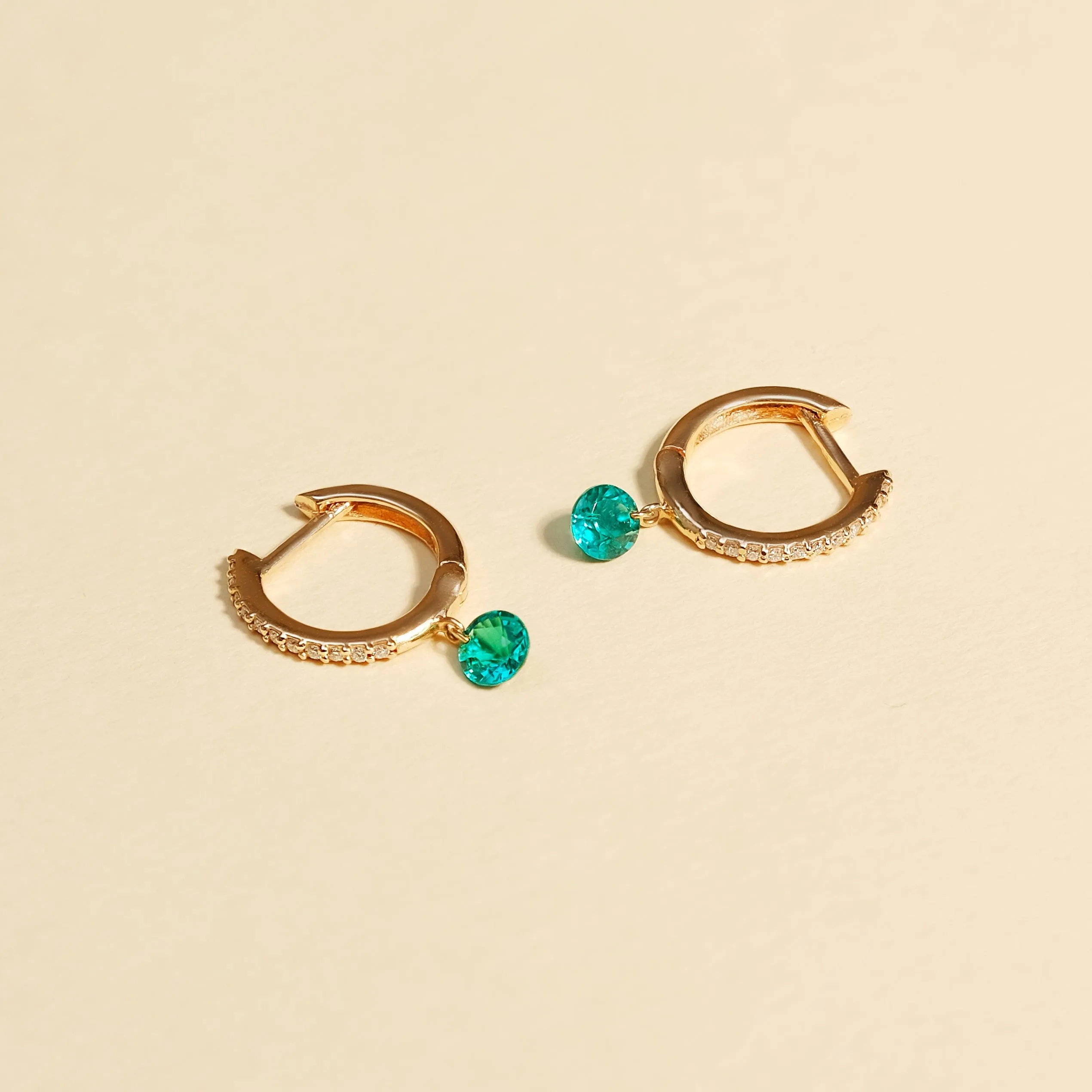 18K Gold Drilled Emerald Huggie Hoops Earrings