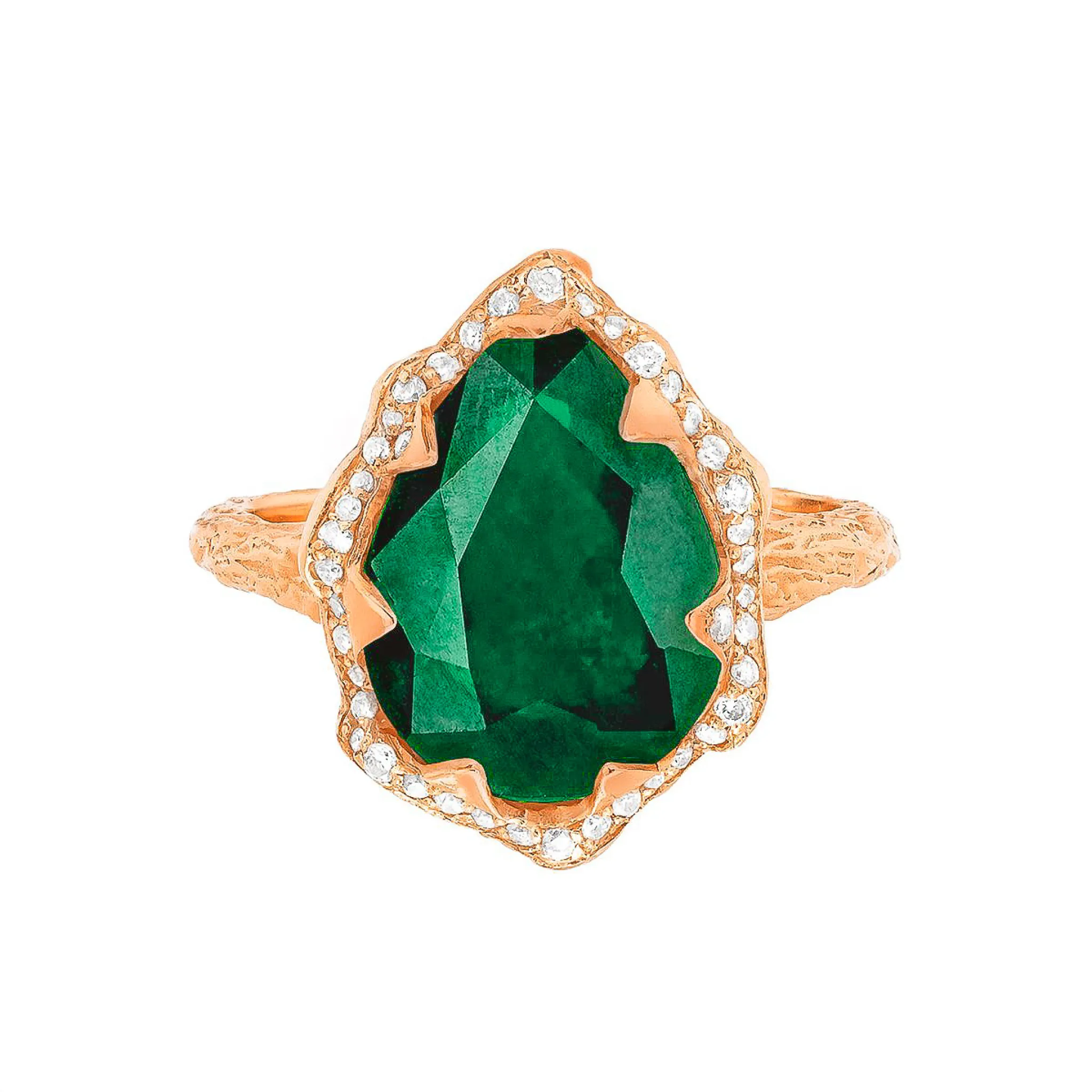 18K Queen Water Drop Zambian Emerald Ring with Full Pavé Diamond Halo