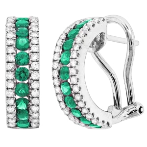 18K White Emerald and Natural Diamond Hoop Earrings