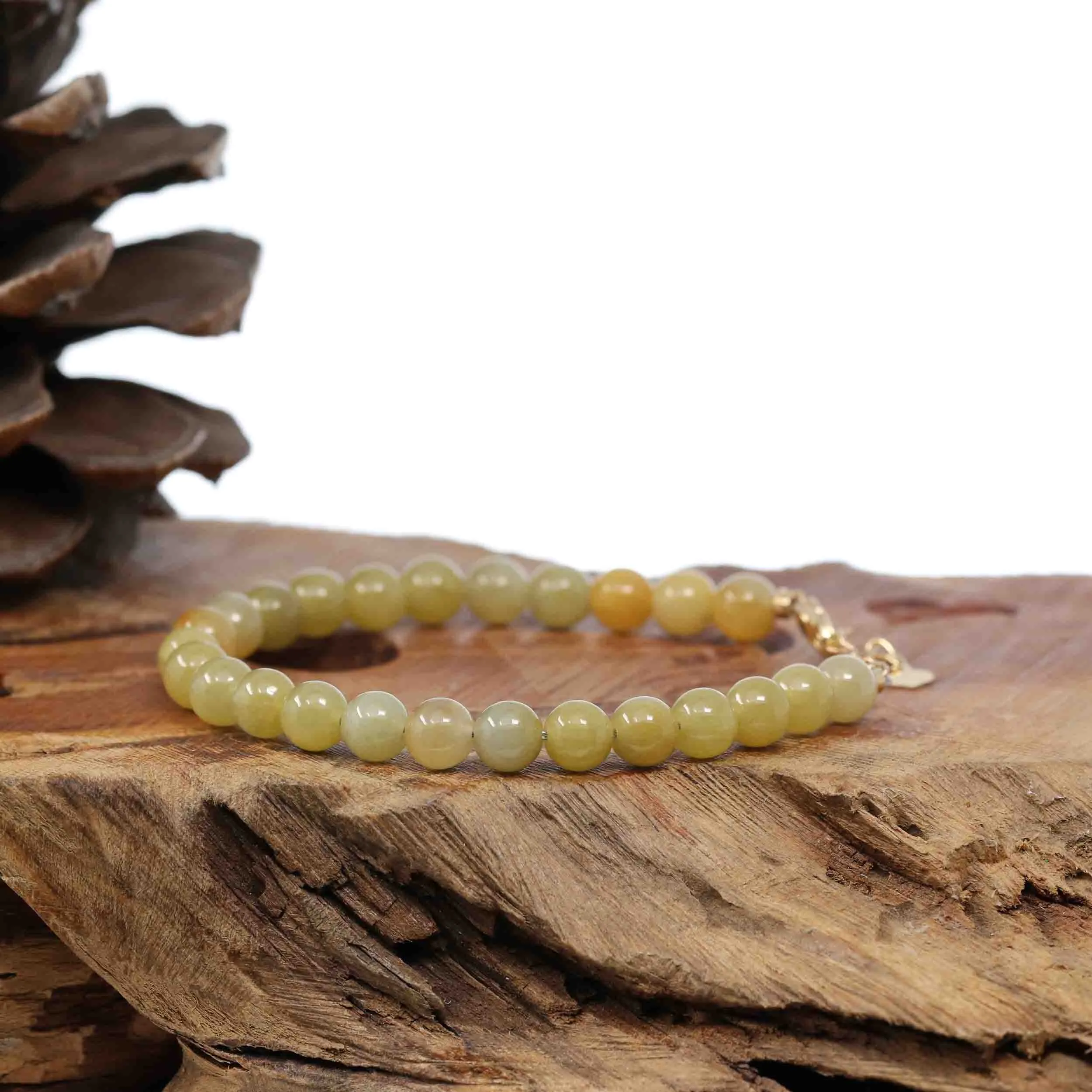 18k Yellow Gold Yellow Jadeite Jade Beads Bracelet (6.5 mm)