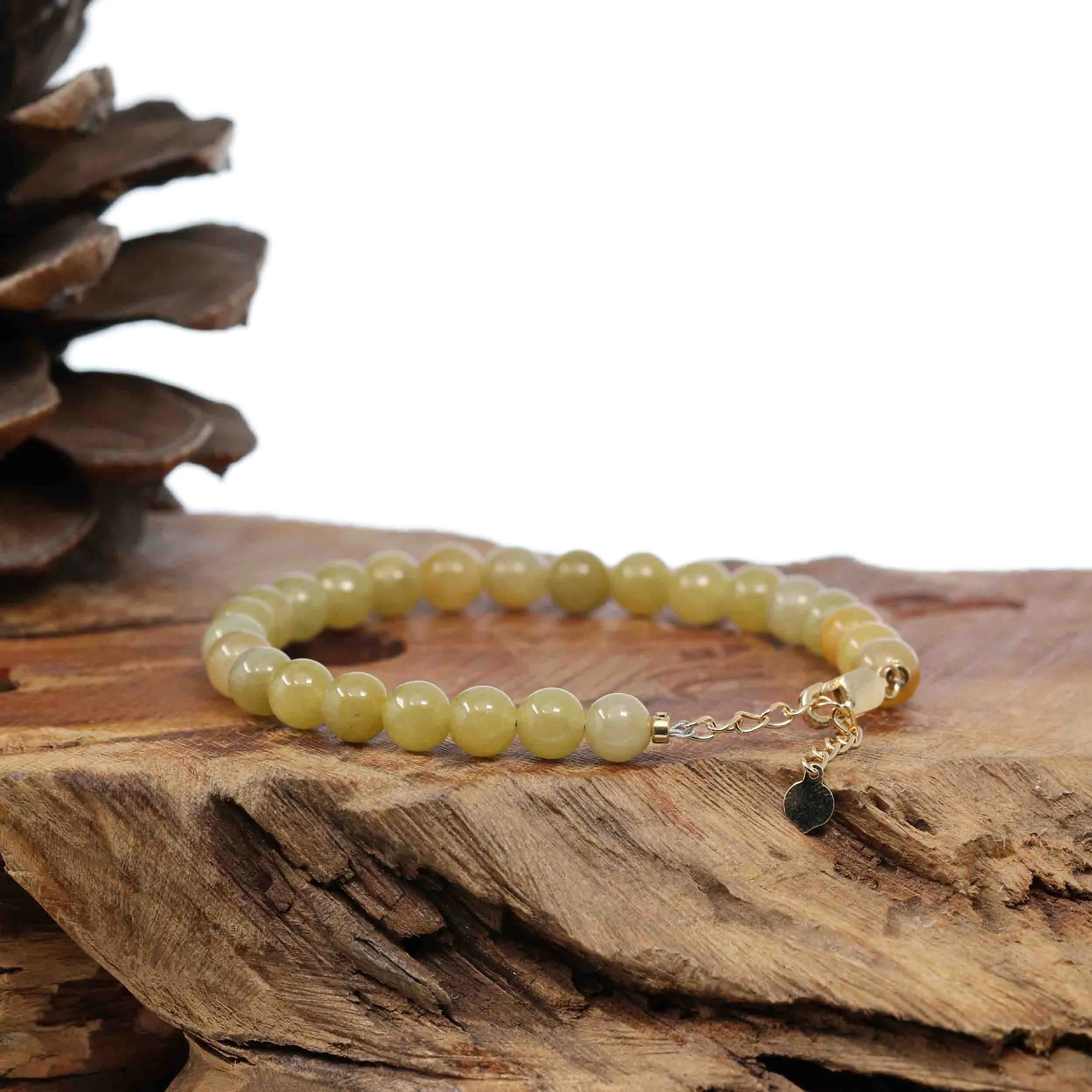 18k Yellow Gold Yellow Jadeite Jade Beads Bracelet (6.5 mm)