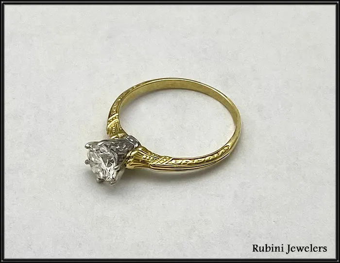 18Kt Yellow Gold and Platinum Antique Solitaire Engagement Ring