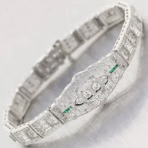 1930's Antique Art Deco 14k White Gold 1ctw Diamond & Emerald Filigree Bracelet