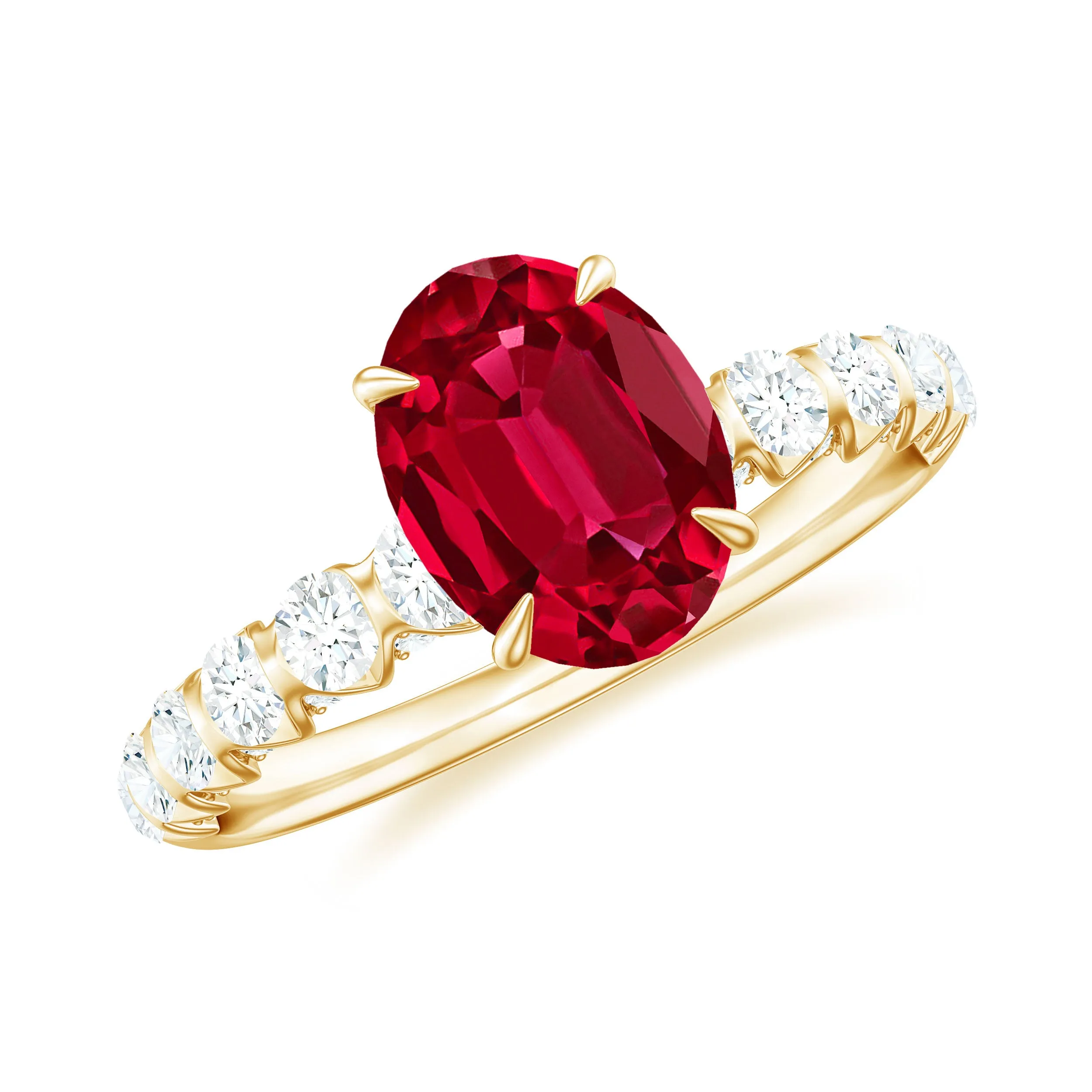 2.25 CT Oval Cut Created Ruby Solitaire Engagement Ring with Diamond Side Stones