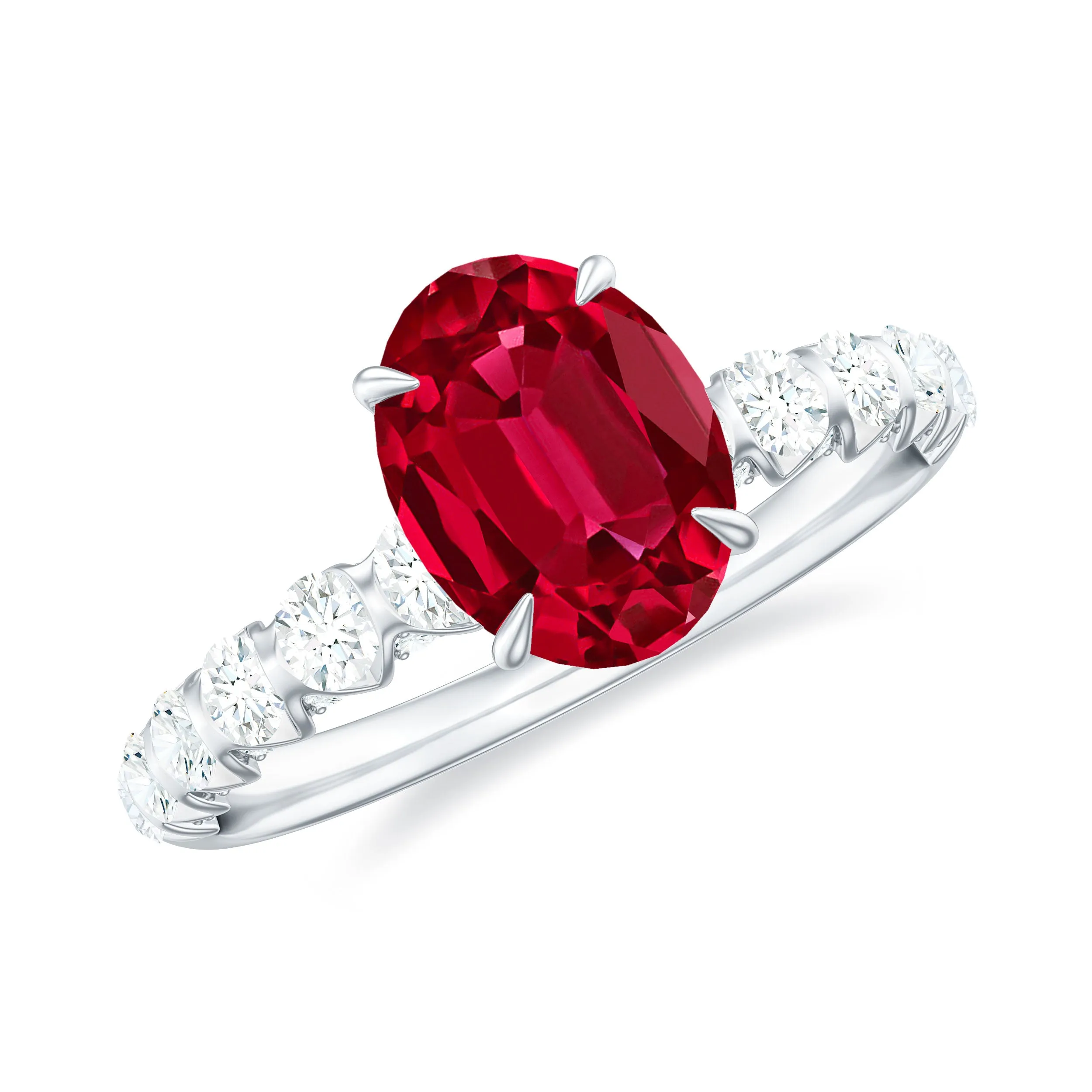 2.25 CT Oval Cut Created Ruby Solitaire Engagement Ring with Diamond Side Stones