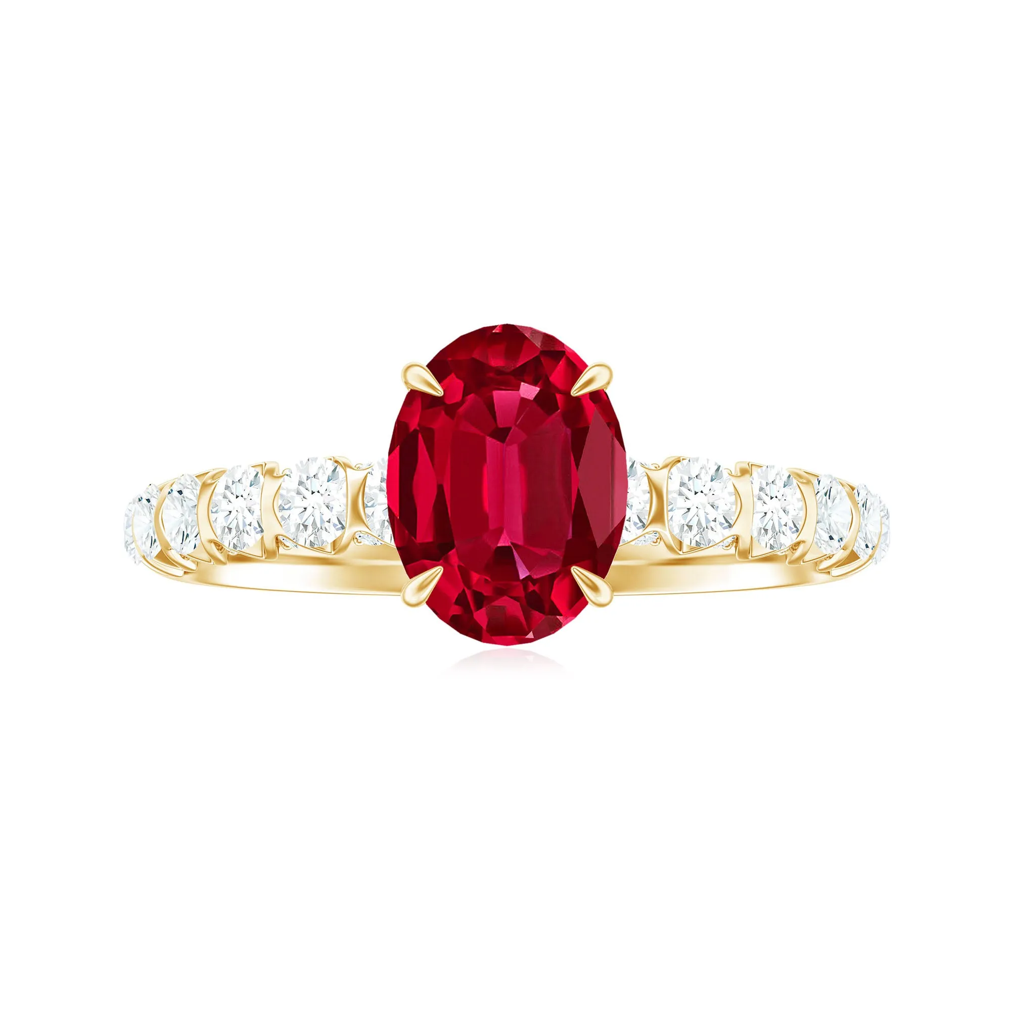 2.25 CT Oval Cut Created Ruby Solitaire Engagement Ring with Diamond Side Stones