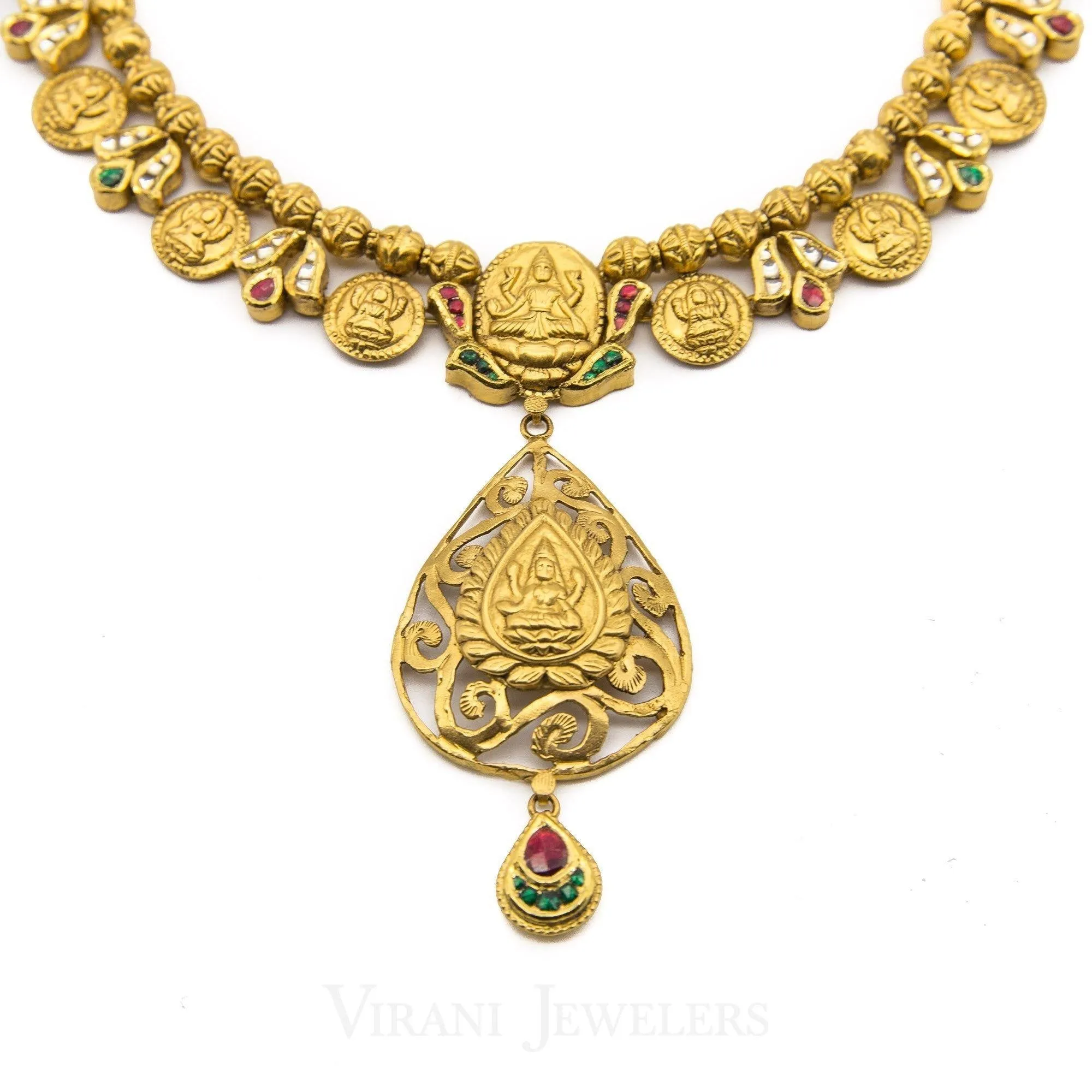 22K Antique Gold Charm Necklac & Drop Earrings Set W/ Ruby, Emerald, and Kundan Stones