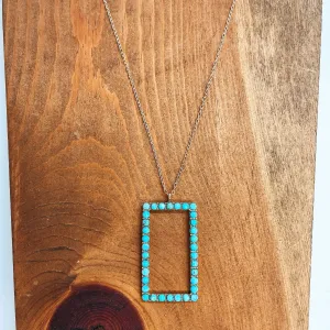 33 Inch Gold Necklace with Open Rectangle Pendant in Turquoise