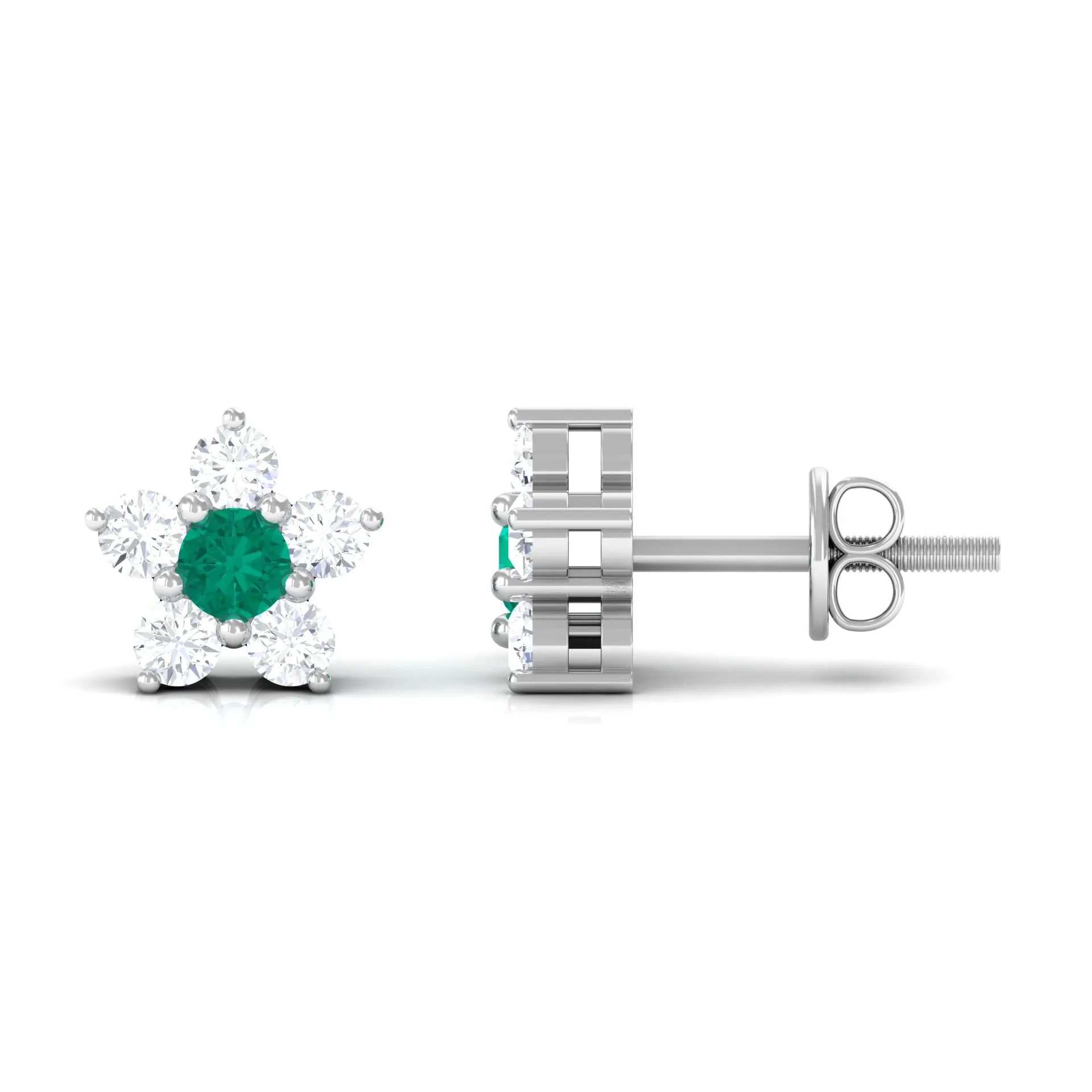 3/4 CT Emerald and Diamond Flower Cluster Stud Earring