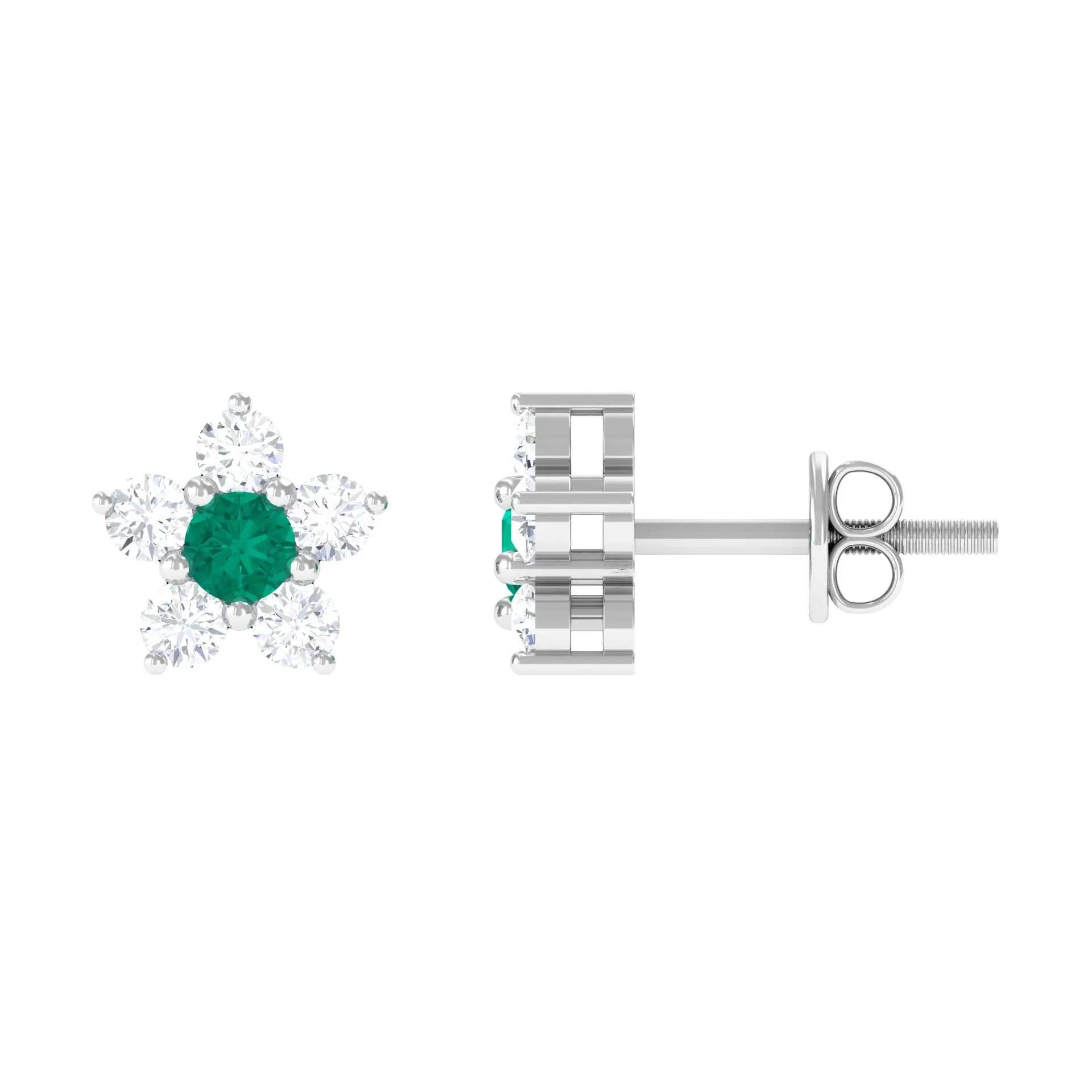 3/4 CT Emerald and Diamond Flower Cluster Stud Earring