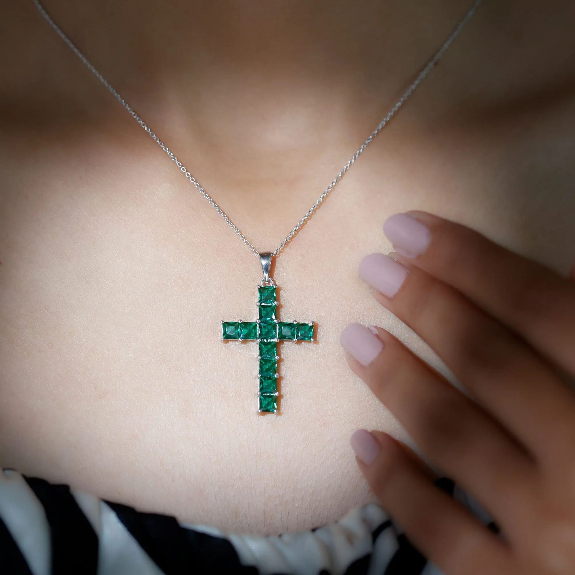 3.5 CT Lab Created Emerald Cross Pendant Necklace