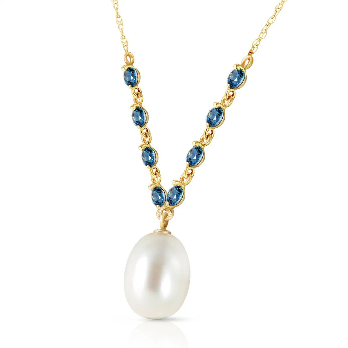 5 Carat 14K Solid Yellow Gold Necklace Natural Blue Topaz Pearl