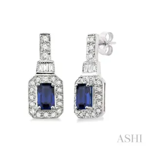 5x3 MM Emerald Shape Sapphire and 1/4 Ctw Round and Baguette Cut Diamond Earrings in 14K White Gold