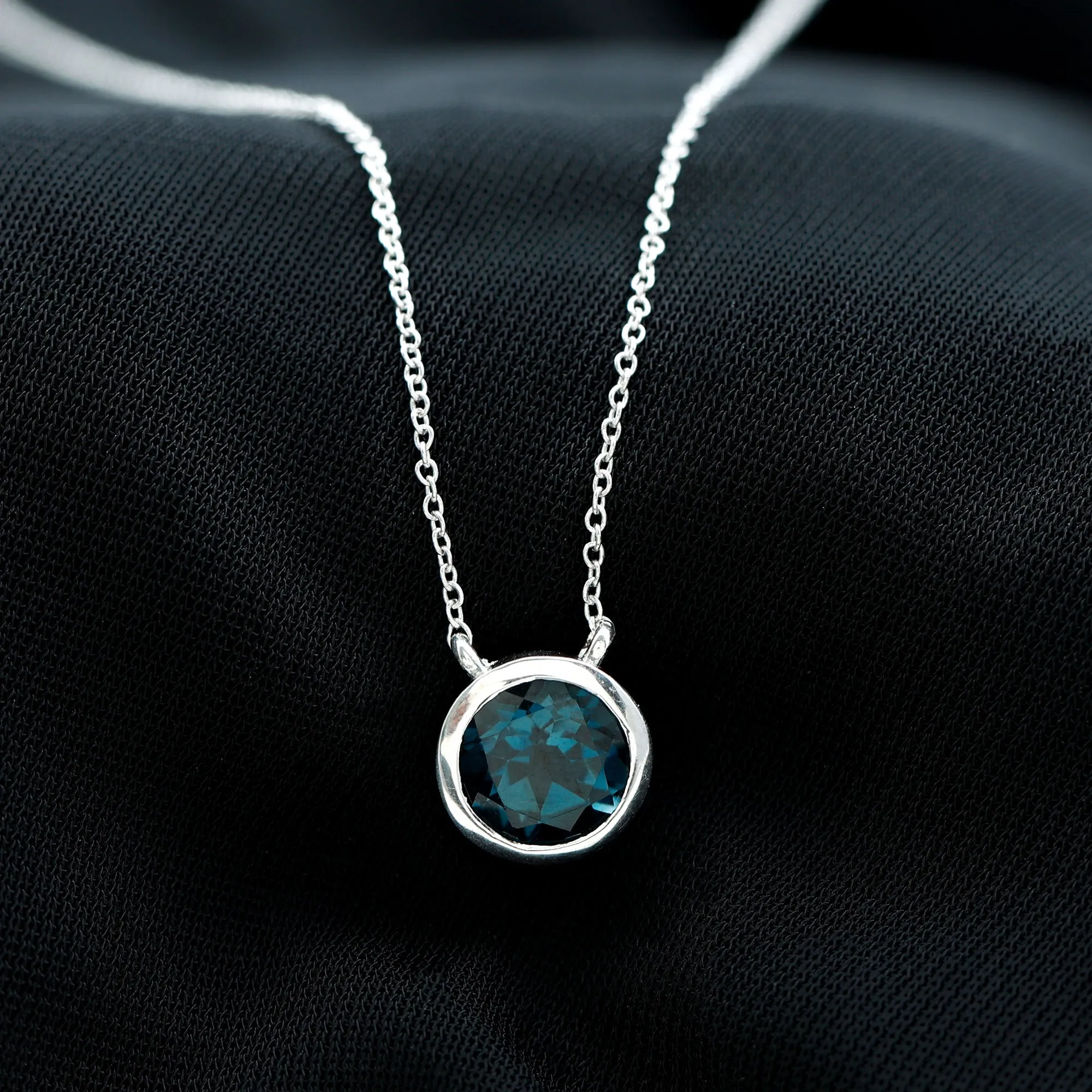 8 MM Solitaire London Blue Topaz Necklace in Bezel Setting